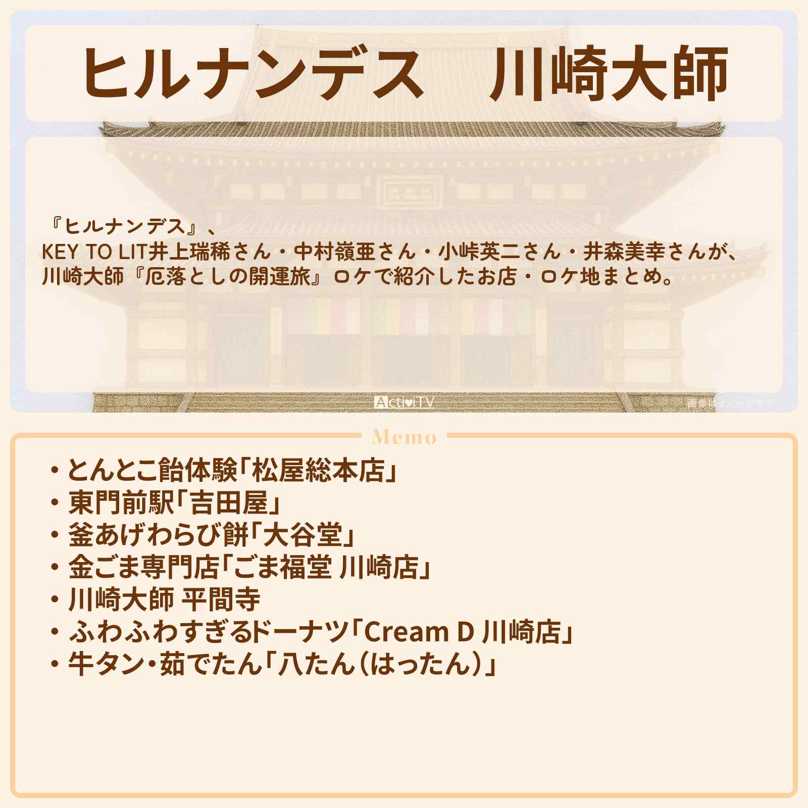 【ヒルナンデス】川崎大師『厄落としの開運旅』のお店・ロケ地情報まとめ〔井上瑞稀・中村嶺亜〕