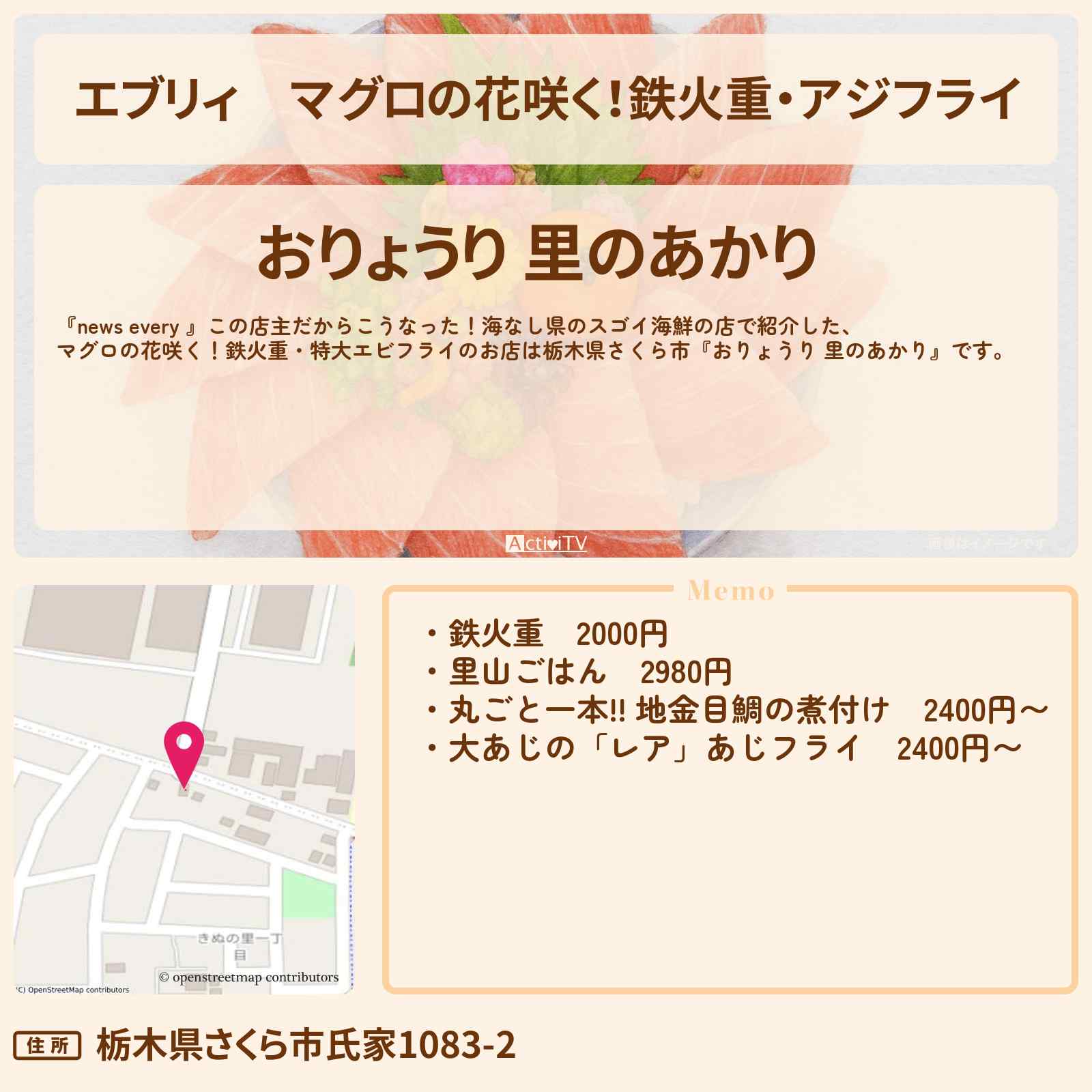 【エブリィ】マグロの花咲く!鉄火重・アジフライ『おりょうり 里のあかり』栃木県さくら市の海なし県のスゴイ海鮮・お店情報 #every