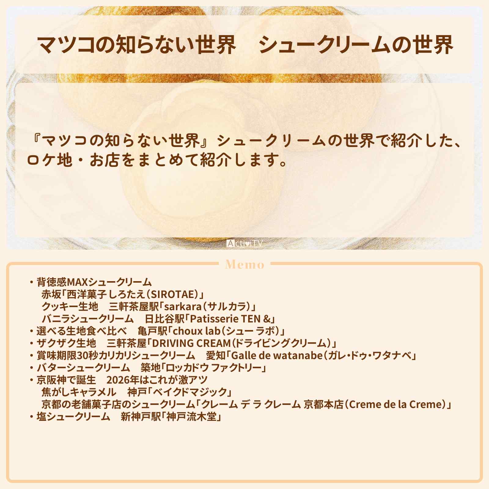 【マツコの知らない世界】『シュークリームの世界』のお店・ロケ地まとめ