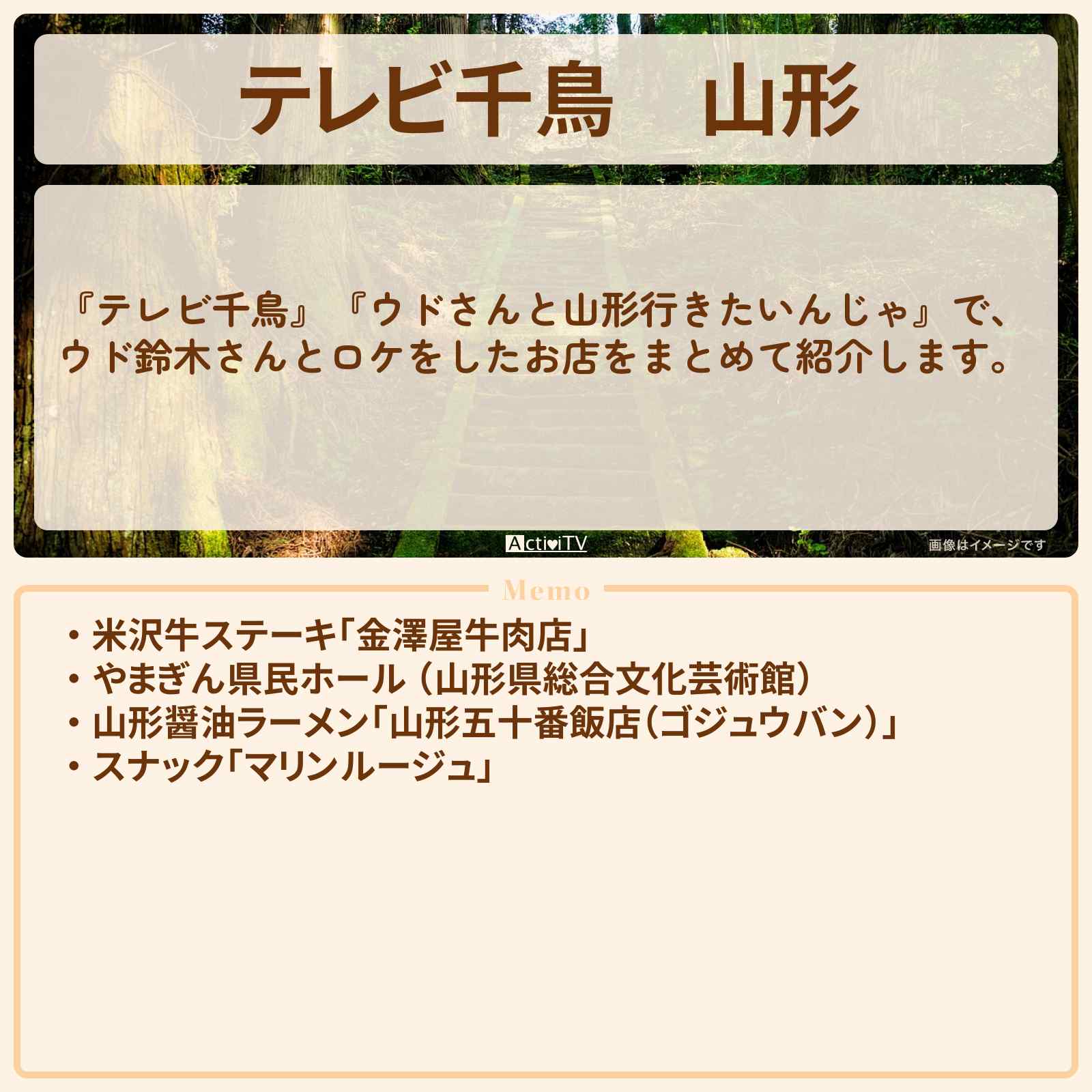 【テレビ千鳥】山形『ウドさんと山形行きたいんじゃ』のお店・ロケ地まとめ〔ウド鈴木〕