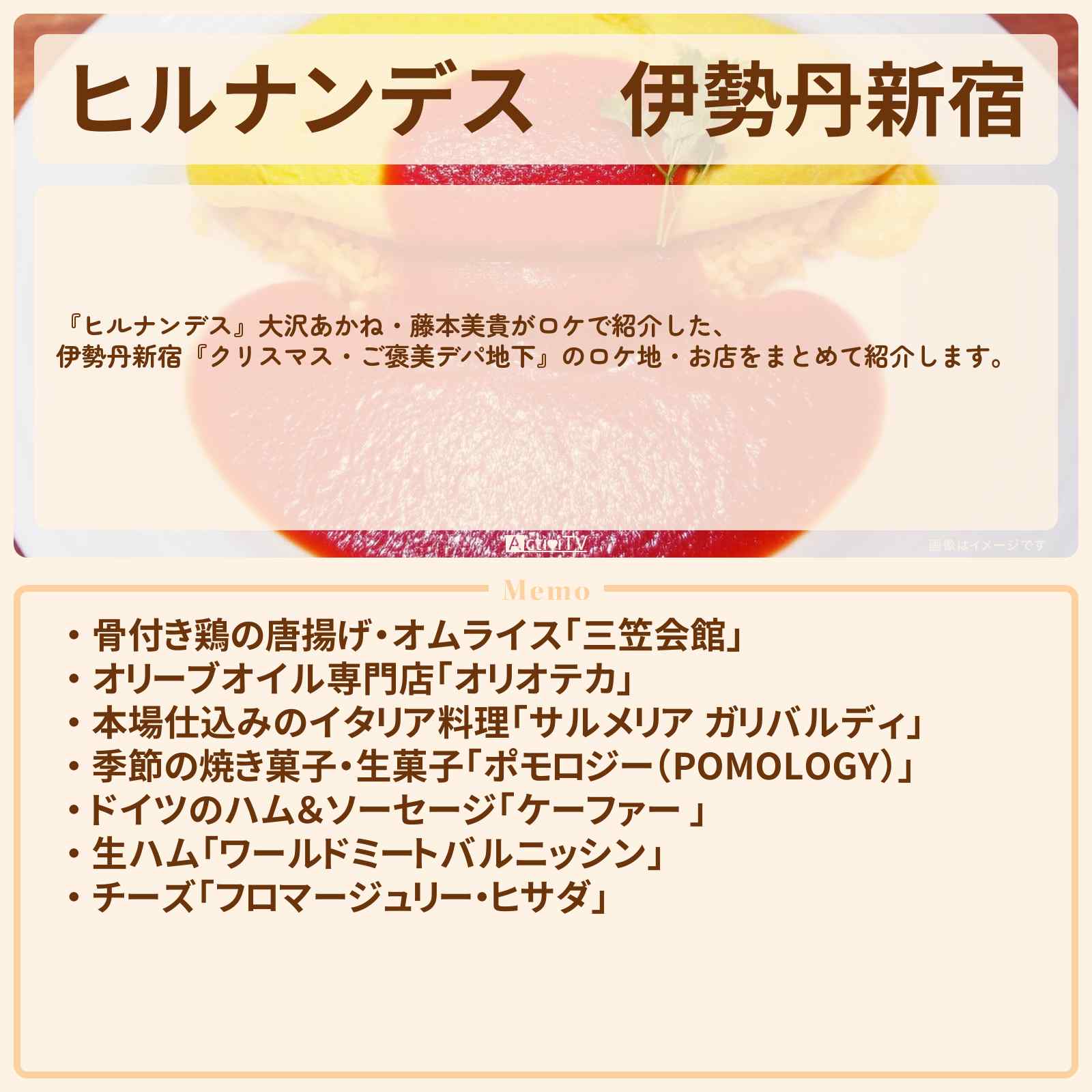 【ヒルナンデス】伊勢丹新宿『ご褒美デパ地下』のお店・ロケ地情報まとめ〔大沢あかね・藤本美貴〕