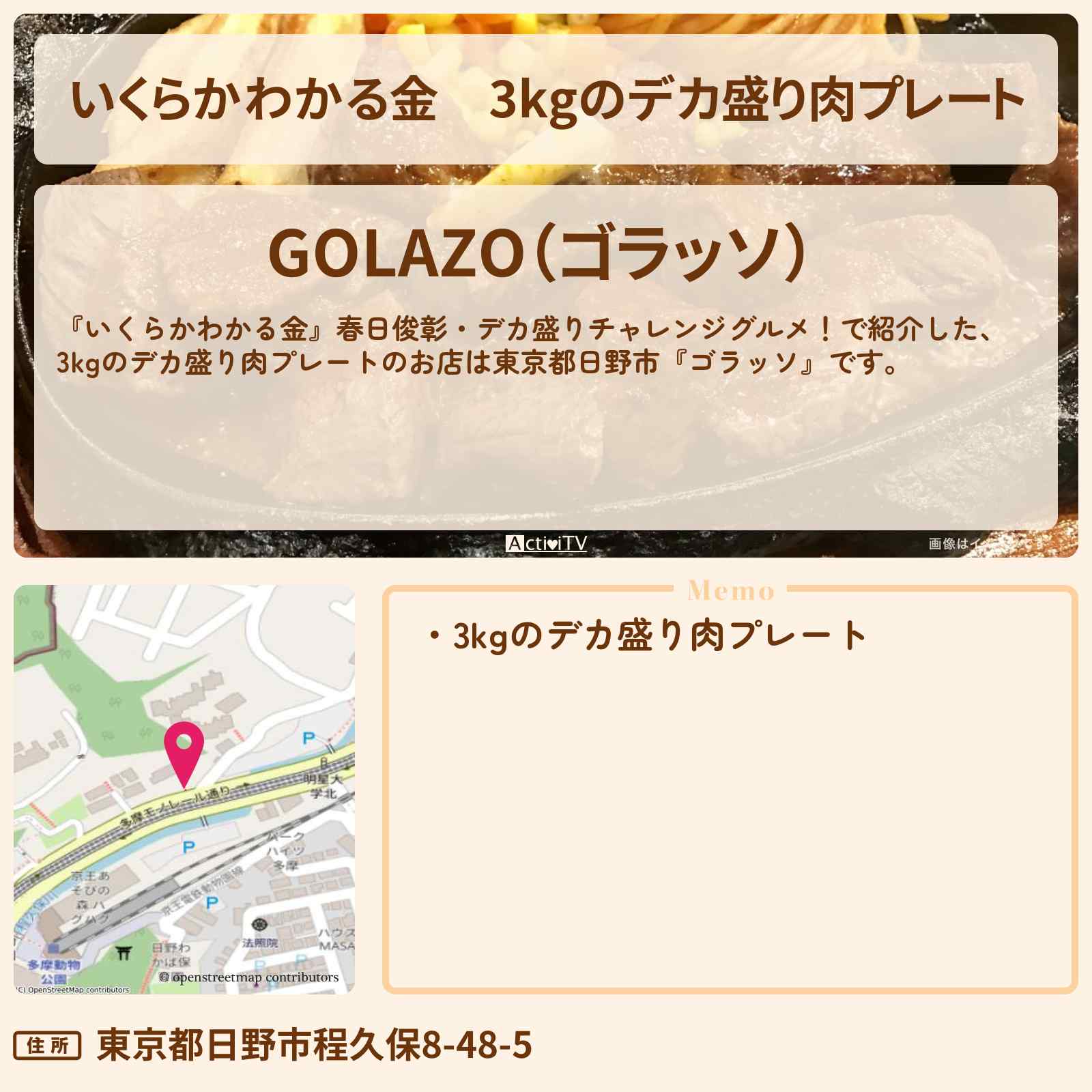 【いくらかわかる金】3kgのデカ盛り肉プレート『ゴラッソ』東京都日野市・ドケチ春日デカ盛りグルメのお店の場所