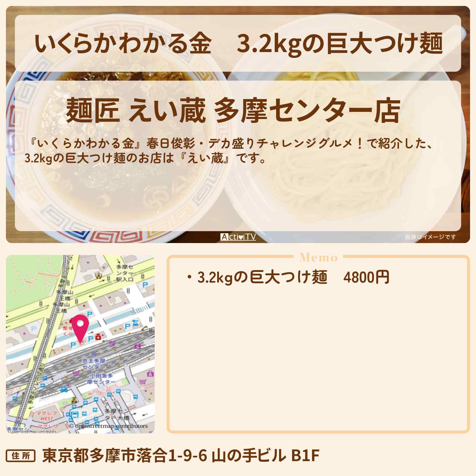 【いくらかわかる金】3.2kgの巨大つけ麺『えい蔵』東京都多摩市・ドケチ春日デカ盛りグルメのお店の場所