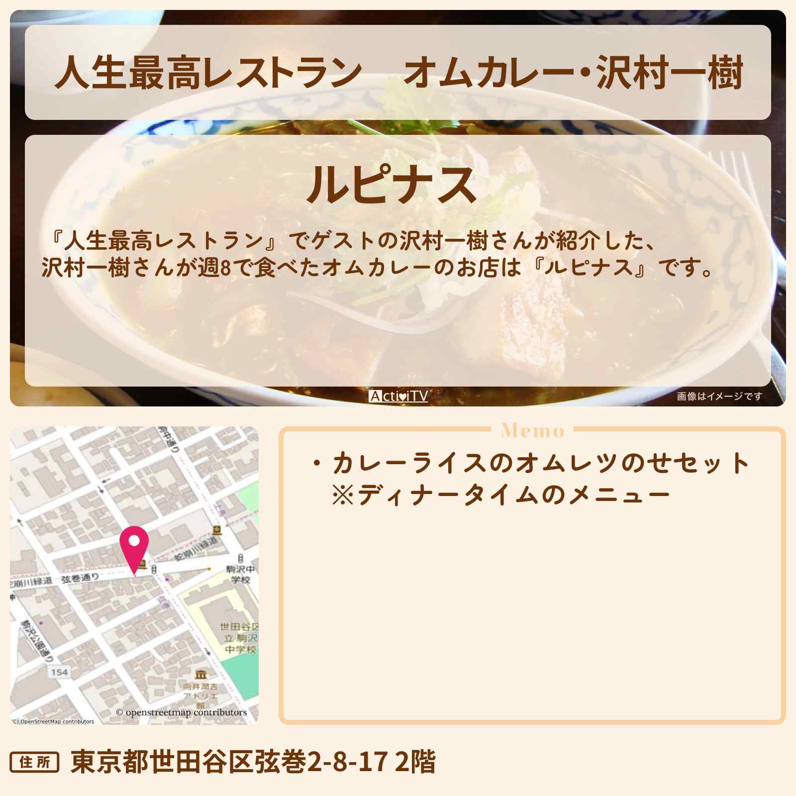 【人生最高レストラン】オムカレー・沢村一樹『ルピナス』駒沢のお店の場所