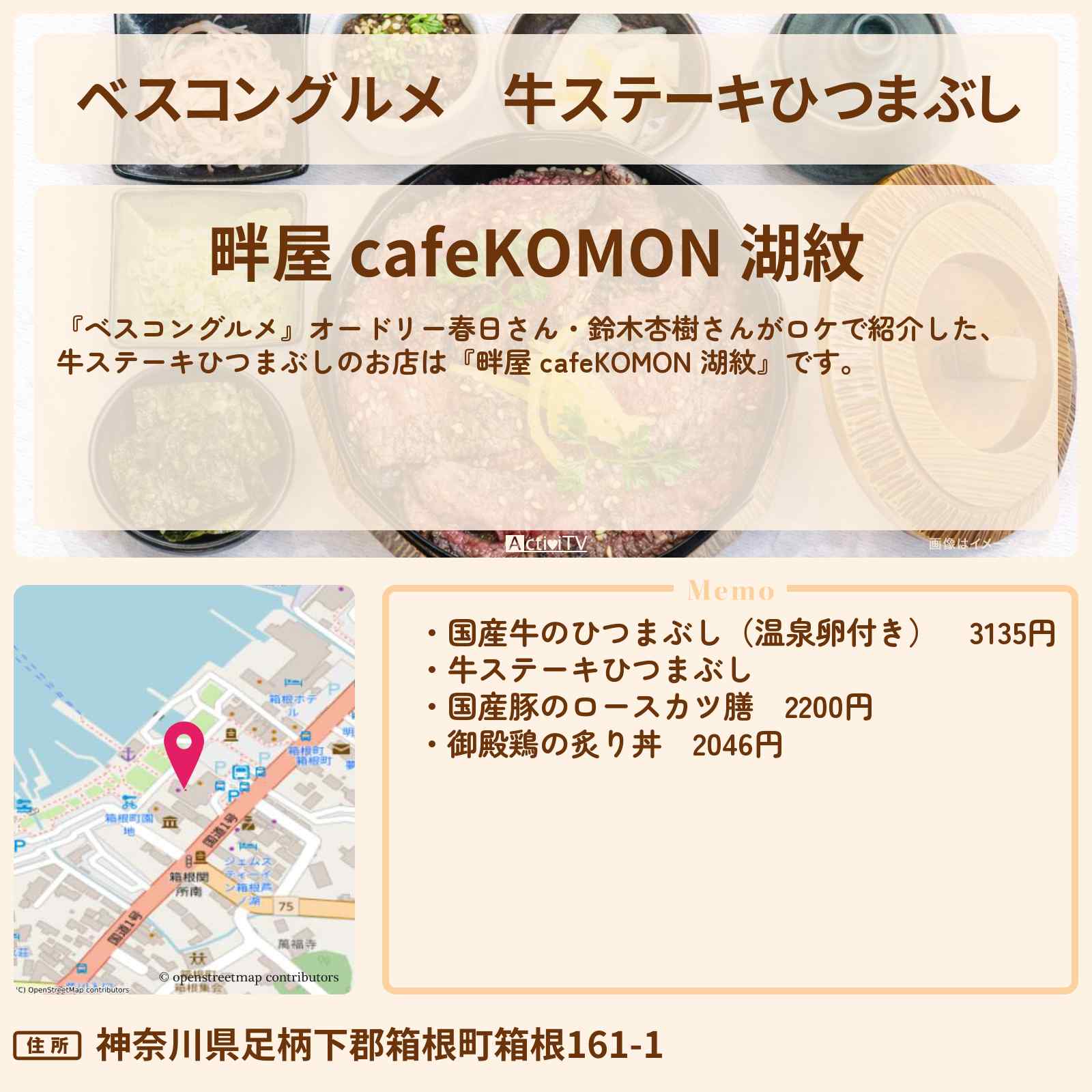 【ベスコングルメ】牛ステーキひつまぶし『畔屋 カフェ湖紋』箱根・芦ノ湖のロケ地・お店〔鈴木杏樹〕