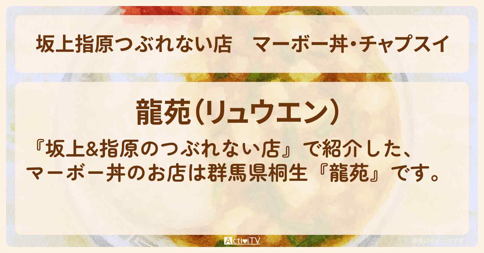 【坂上指原つぶれない店】マーボー丼・チャプスイ『龍苑』群馬県桐生の町中華のお店の場所