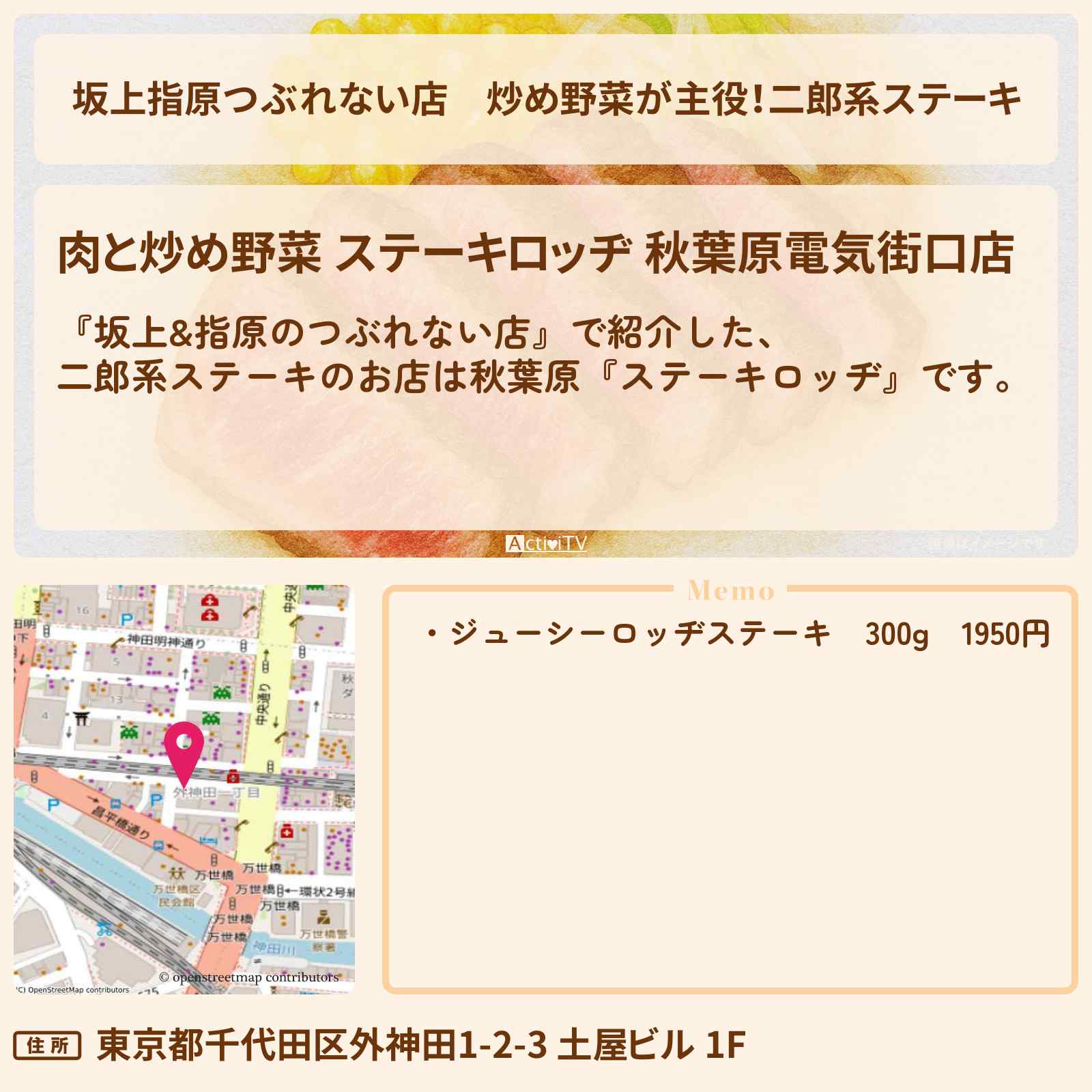 【坂上指原つぶれない店】炒め野菜が主役!二郎系ステーキ『ステーキロッヂ』秋葉原のお店の場所