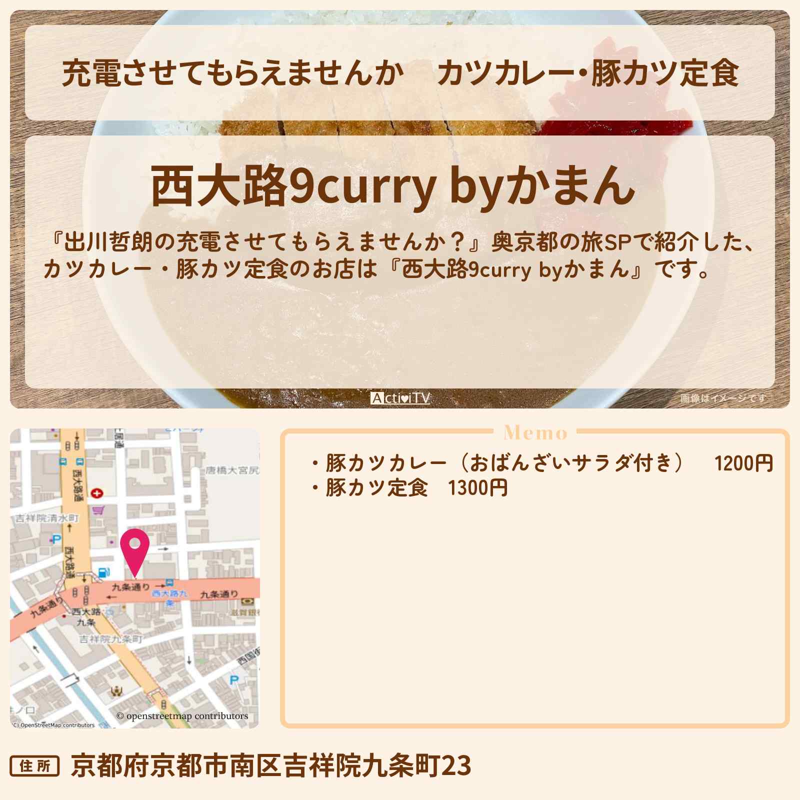 【充電させてもらえませんか】カツカレー・豚カツ定食『西大路9curry byかまん』京都のお店の場所〔前田敦子・タイムマシーン3号・関太〕