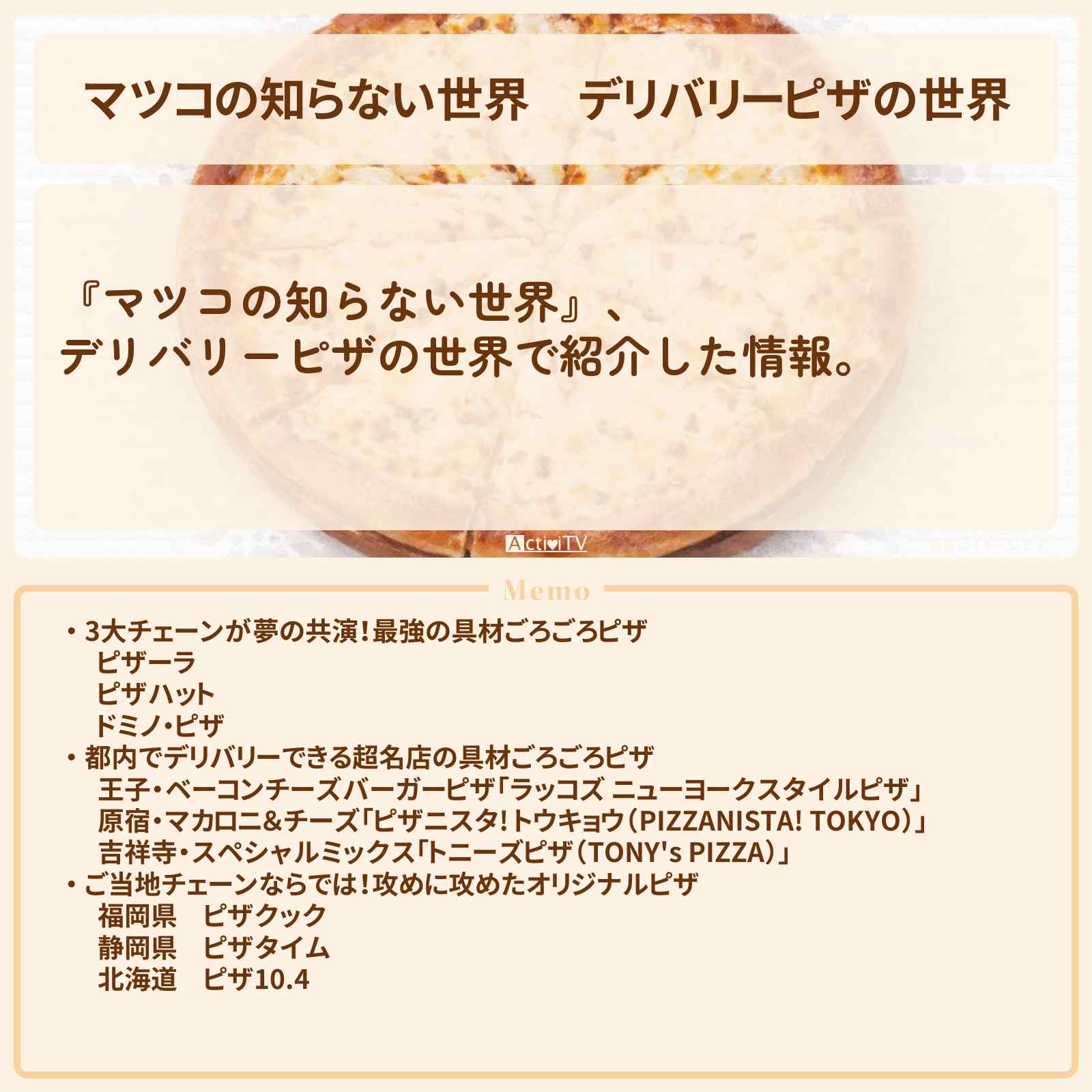 【マツコの知らない世界】『デリバリーピザの世界』のお店まとめ