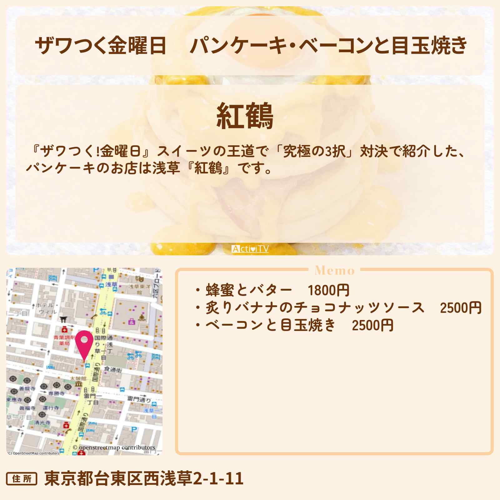 【ザワつく金曜日】パンケーキ・ベーコンと目玉焼き『紅鶴』浅草のお店の場所