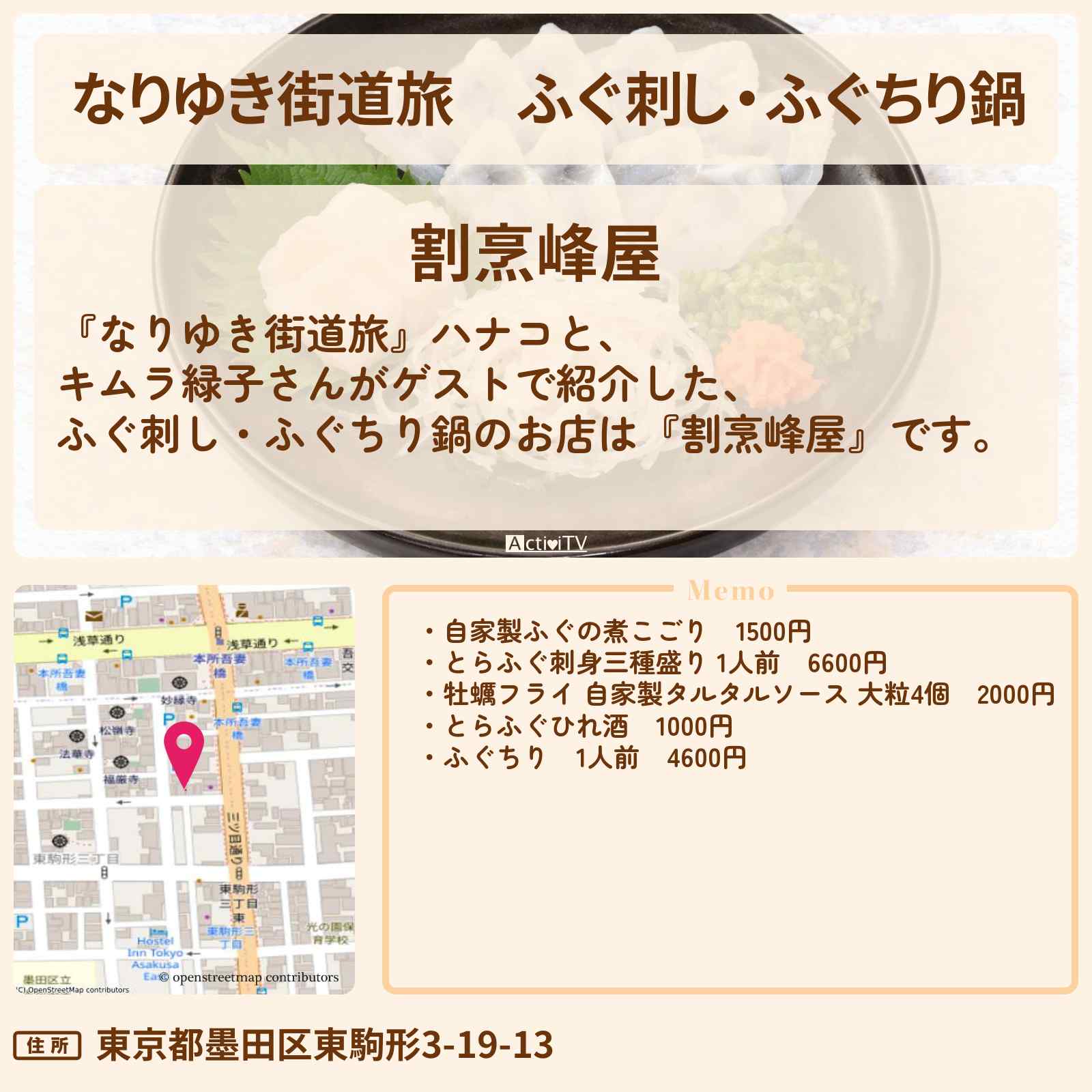 【なりゆき街道旅】ふぐ刺し・ふぐちり鍋『割烹峰屋』東京スカイツリー周辺のお店を紹介〔キムラ緑子〕