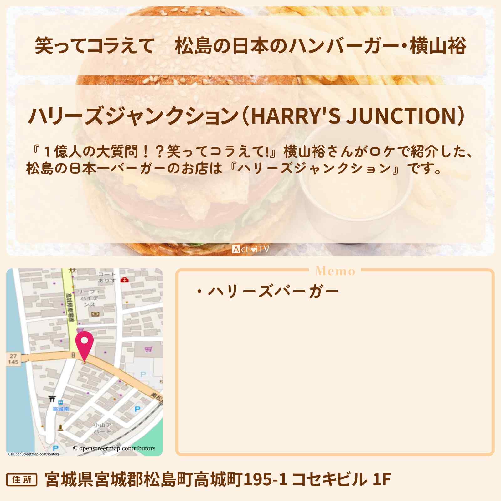 【笑ってコラえて】松島の日本のハンバーガー・横山裕『ハリーズジャンクション』宮城県松島町のお店の場所