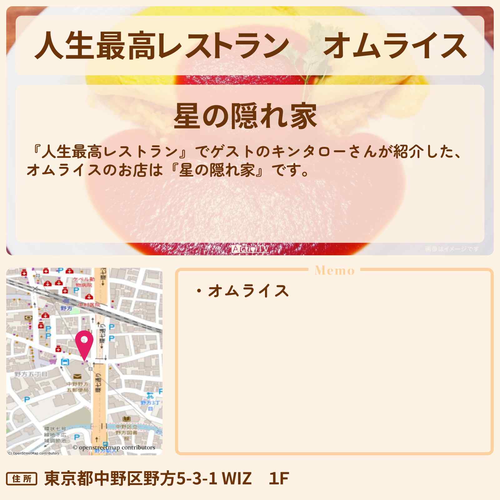 【人生最高レストラン】オムライス『星の隠れ家』のお店の場所〔キンタロー。〕