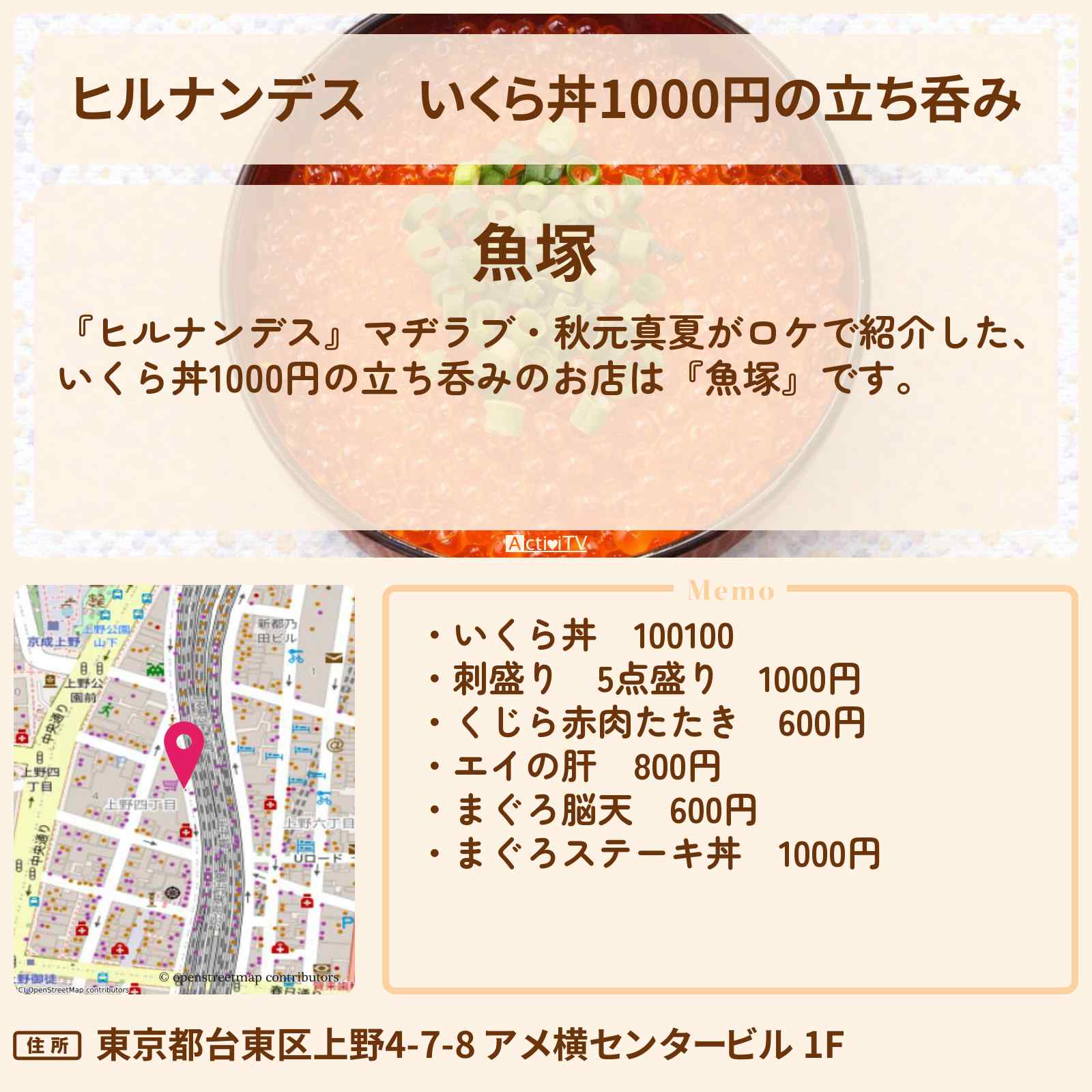 【ヒルナンデス】いくら丼1000円の立ち呑み『魚塚・魚草』上野 アメ横のお店情報〔秋元真夏・NiziU・ヤーレンズ〕