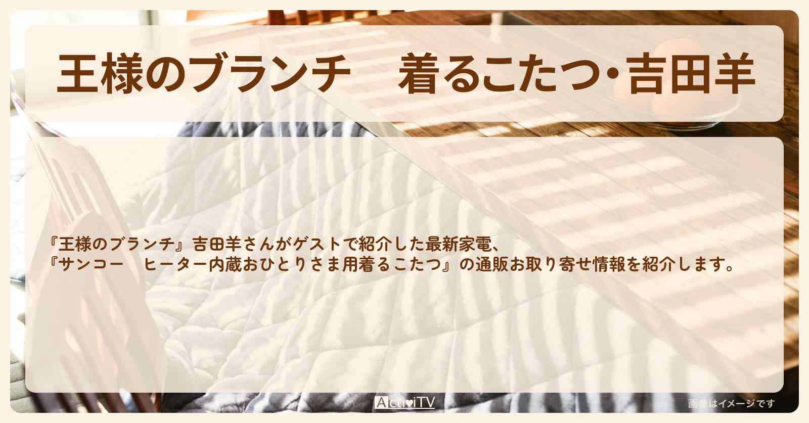 【王様のブランチ】着るこたつ・吉田羊『サンコー　ヒーター内蔵おひとりさま用着るこたつ』の通販お取り寄せ情報〔買い物の達人〕
