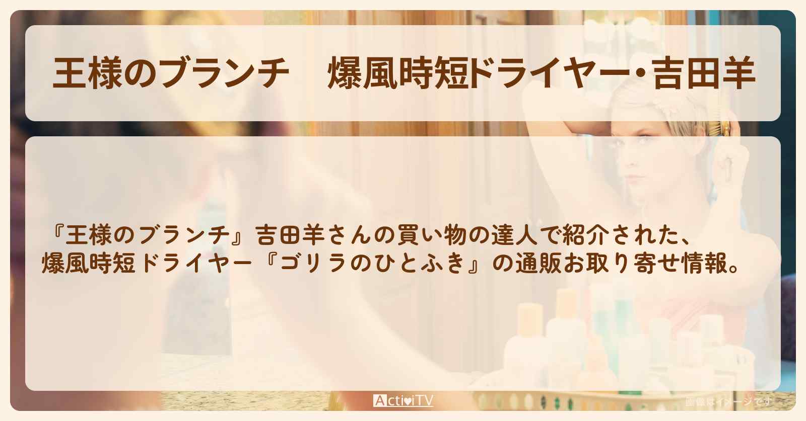 【王様のブランチ】爆風時短ドライヤー・吉田羊『ゴリラのひとふき』の通販お取り寄せ情報〔買い物の達人〕