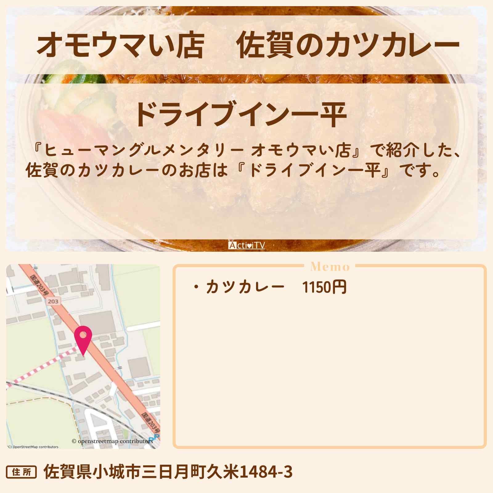 【オモウマい店】佐賀のカツカレー『ドライブイン一平』のお店の場所