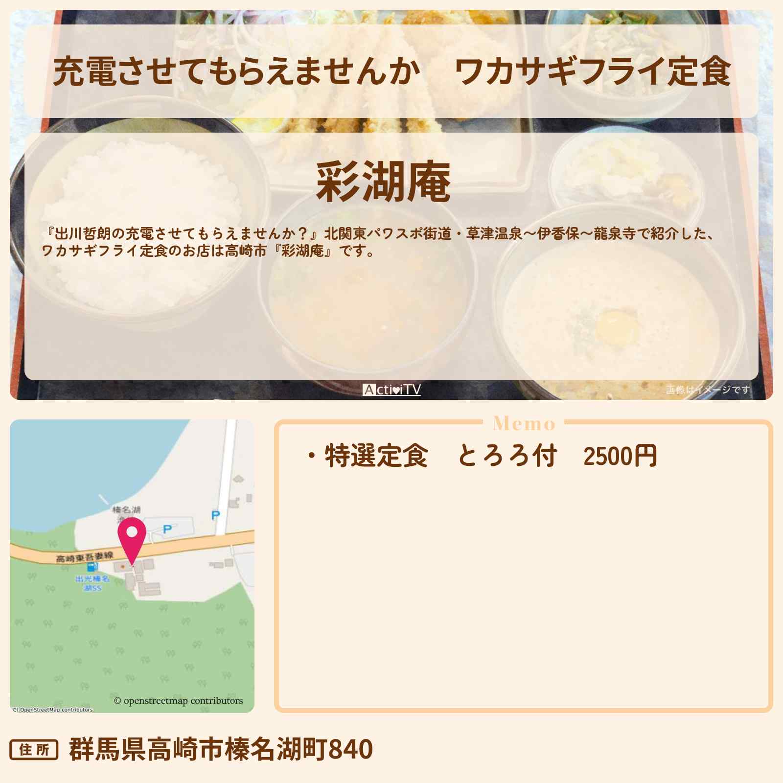 【充電させてもらえませんか】ワカサギフライ定食『彩湖庵』高崎市のお店の場所〔上原浩治〕