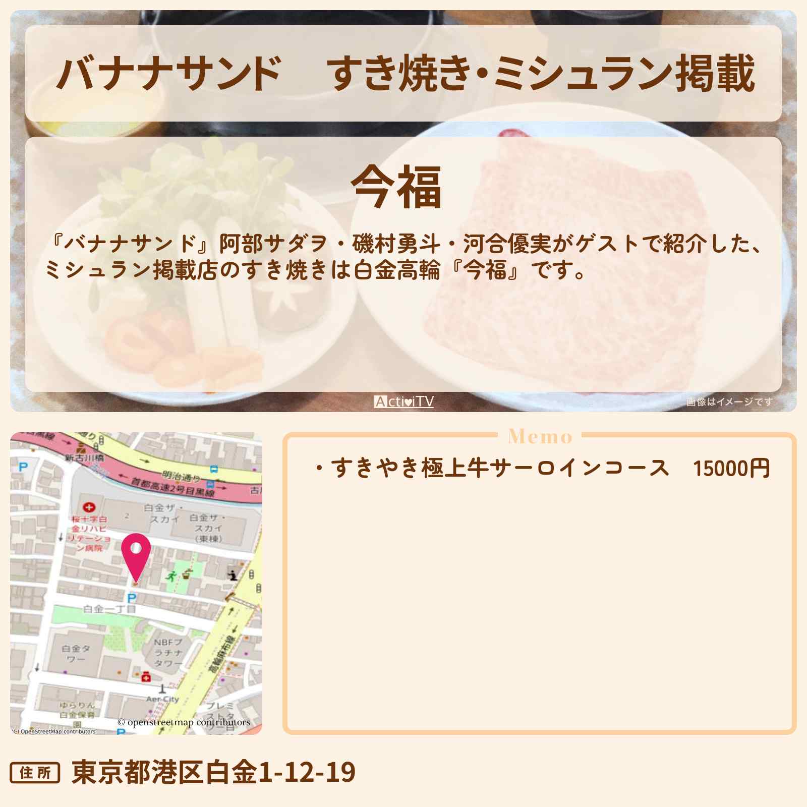 【バナナサンド】すき焼き・ミシュラン掲載『今福』白金高輪のお店の場所〔阿部サダヲ・磯村勇斗・河合優実〕