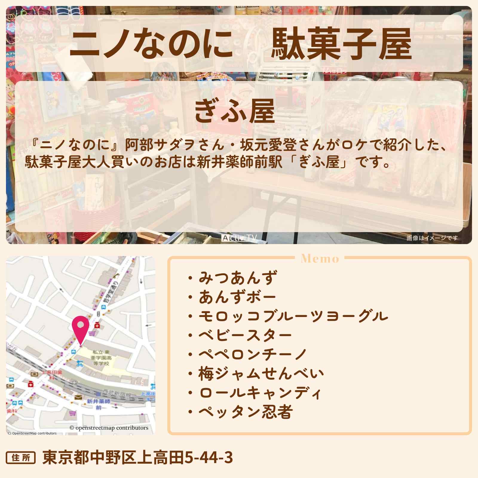 【ニノなのに】駄菓子屋『ぎふ屋』新井薬師前駅のお店・メニューを紹介〔阿部サダヲ・坂元愛登〕
