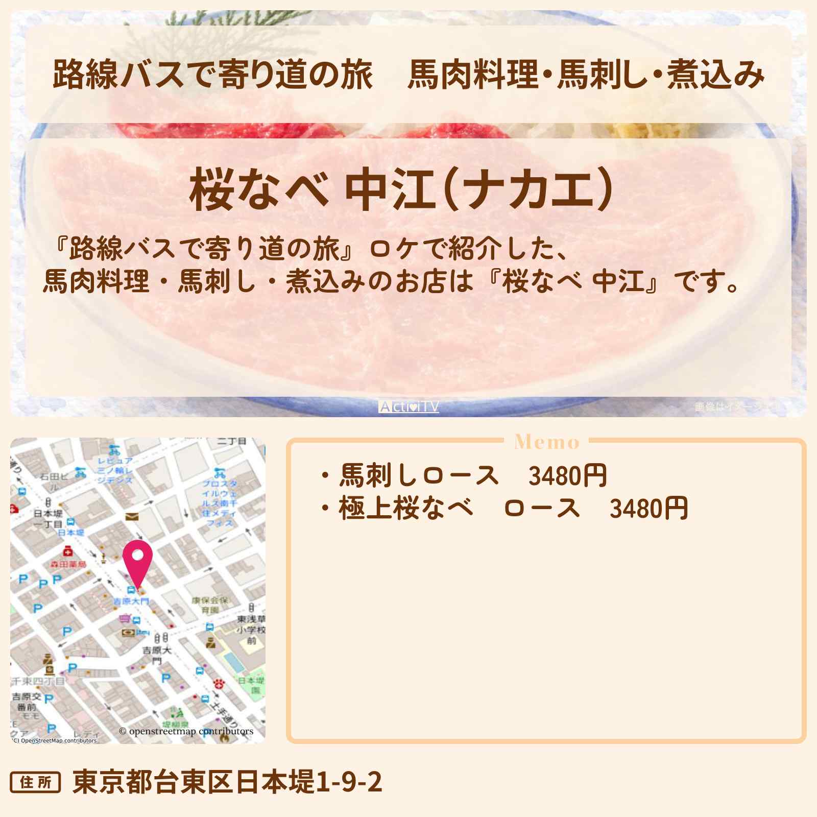 【路線バスで寄り道の旅】馬肉料理・馬刺し・煮込み『桜なべ 中江』三ノ輪のお店の場所〔〕