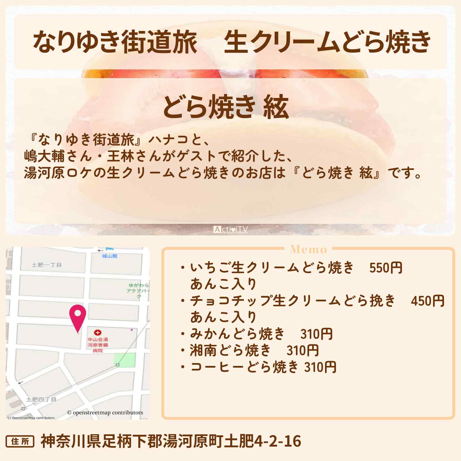 【なりゆき街道旅】生クリームどら焼き『どら焼き 絃』湯河原ロケのお店を紹介〔嶋大輔・王林〕