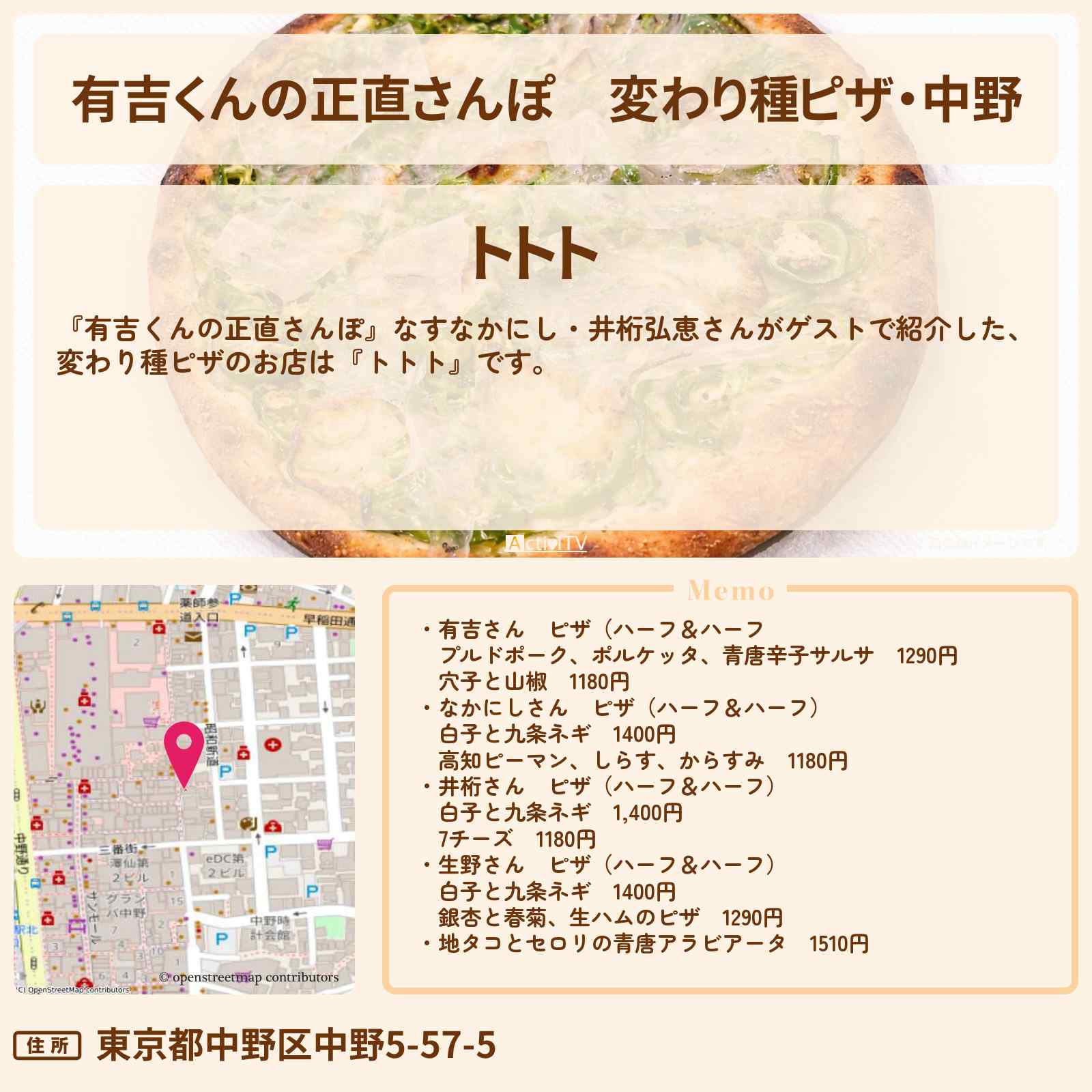 【有吉くんの正直さんぽ】変わり種ピザ・中野『トトト』のお店・ロケ地を紹介