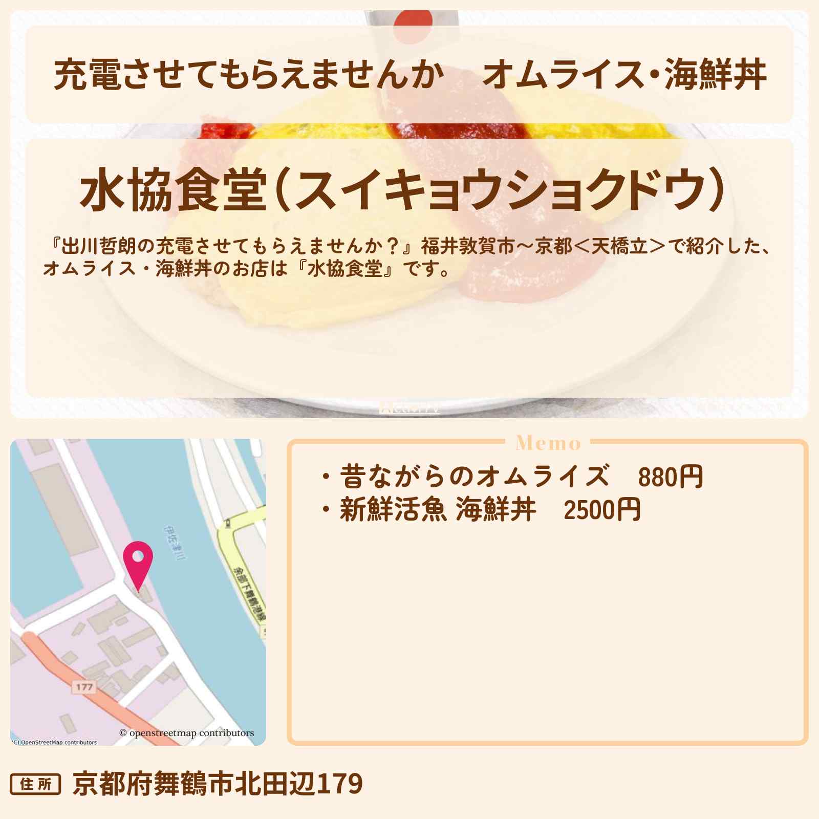 【充電させてもらえませんか】オムライス・海鮮丼『水協食堂』京都府 舞鶴市のお店の場所〔みなみかわ・加納・Aマッソ〕