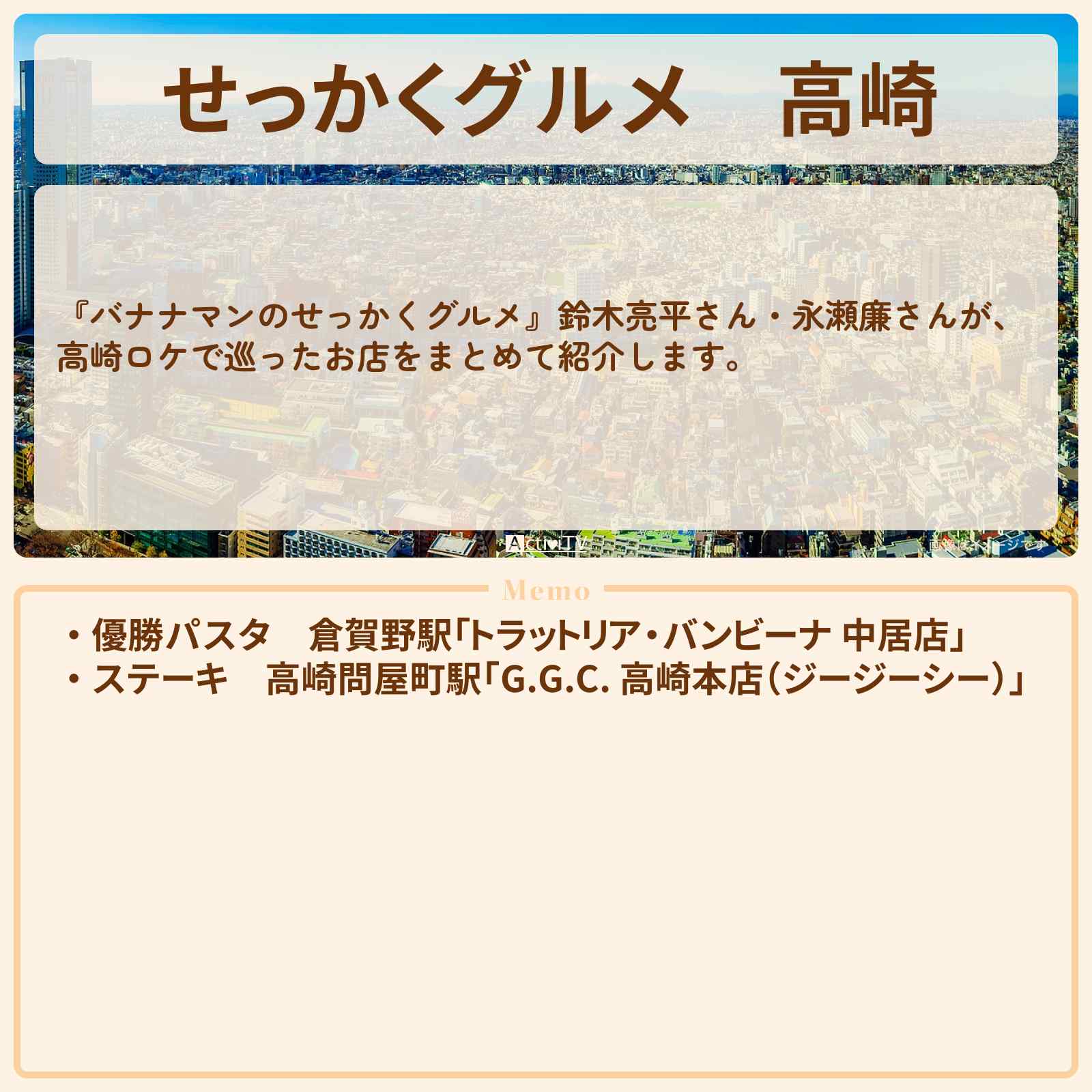 【せっかくグルメ】高崎『鈴木亮平・永瀬廉』がロケをしたお店まとめ〔群馬県〕