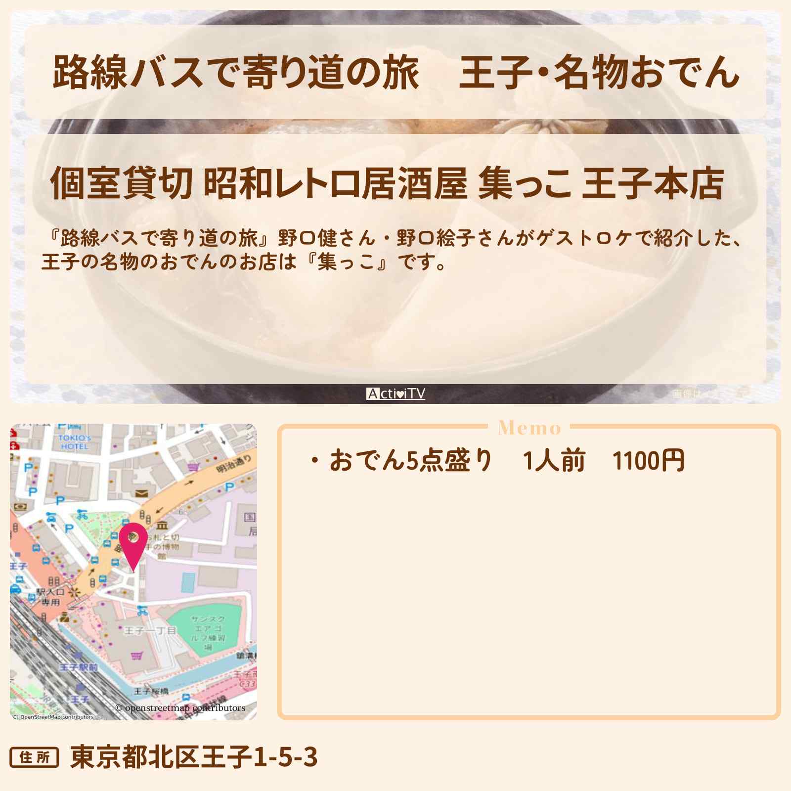 【路線バスで寄り道の旅】王子・名物おでん『集っこ』のお店の場所〔野口健・野口絵子〕