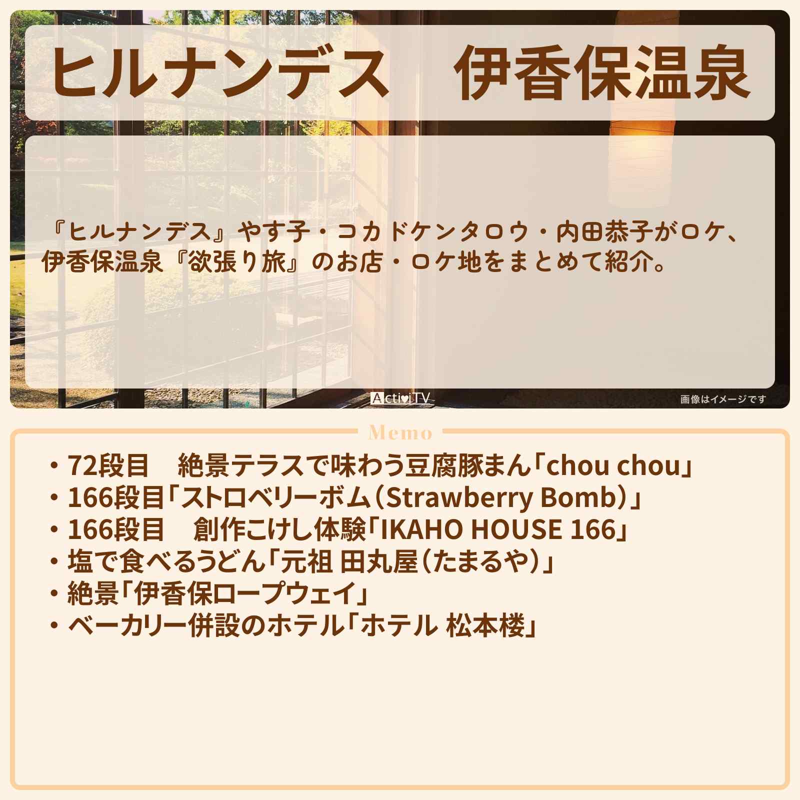 【ヒルナンデス】伊香保温泉『欲張り旅』のお店・ロケ地情報まとめ〔やす子・コカドケンタロウ・内田恭子〕