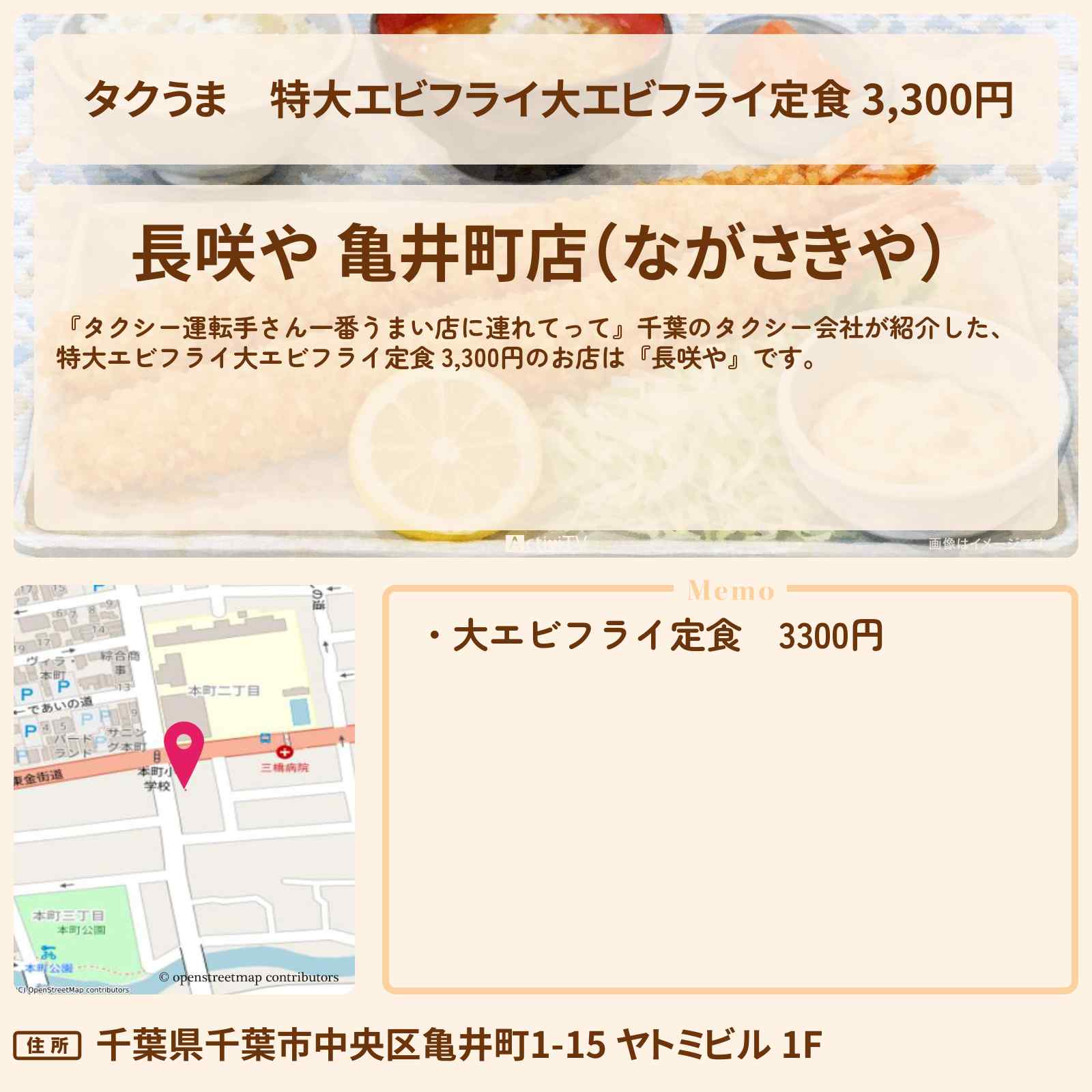 【タクうま】特大エビフライ大エビフライ定食 3,300円『長咲や』千葉のローカル食堂お店の場所〔タクシー運転手さん一番うまい店に連れてって〕