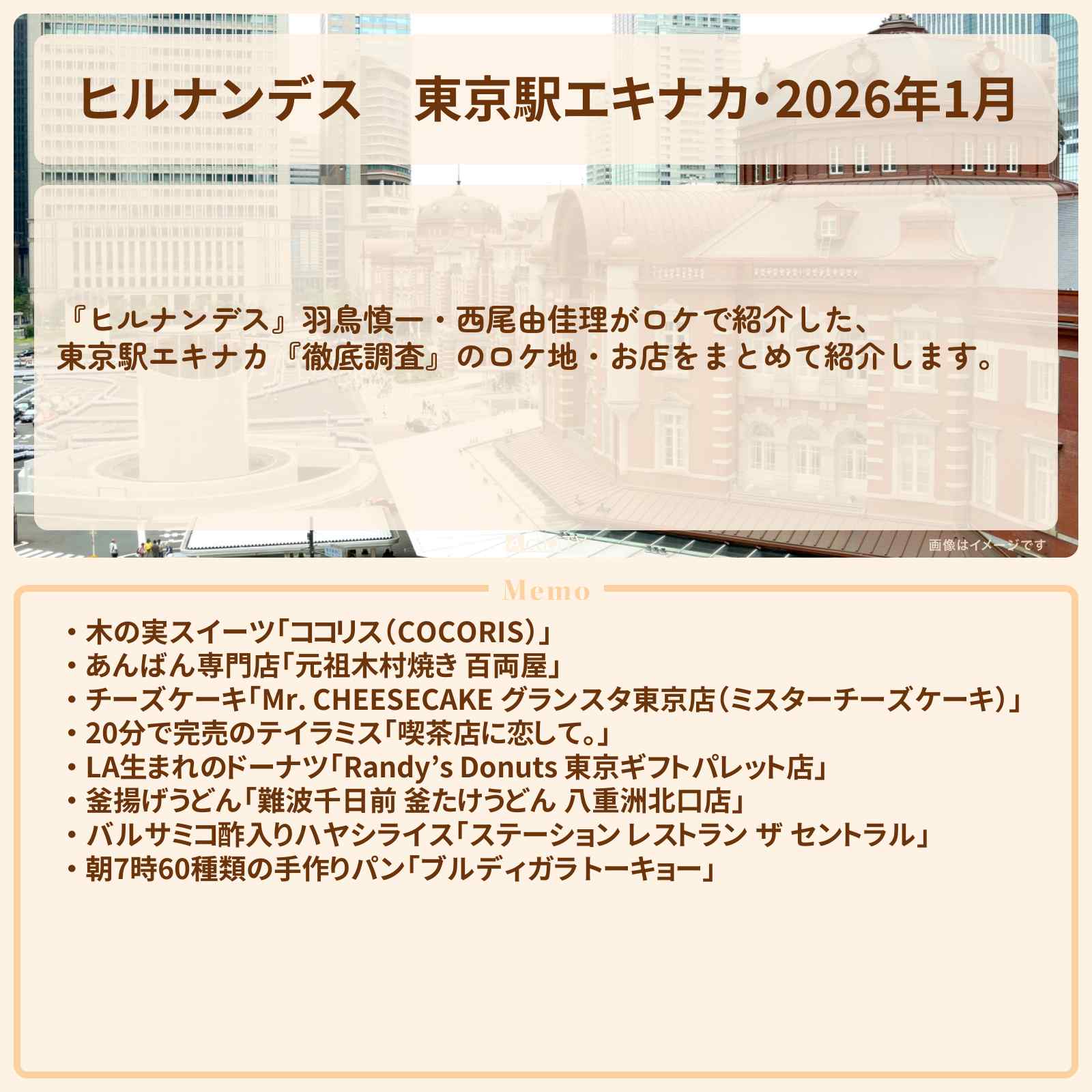 【ヒルナンデス】東京駅エキナカ・2026年1月『徹底調査』のお店・ロケ地情報まとめ〔羽鳥慎一・西尾由佳理〕