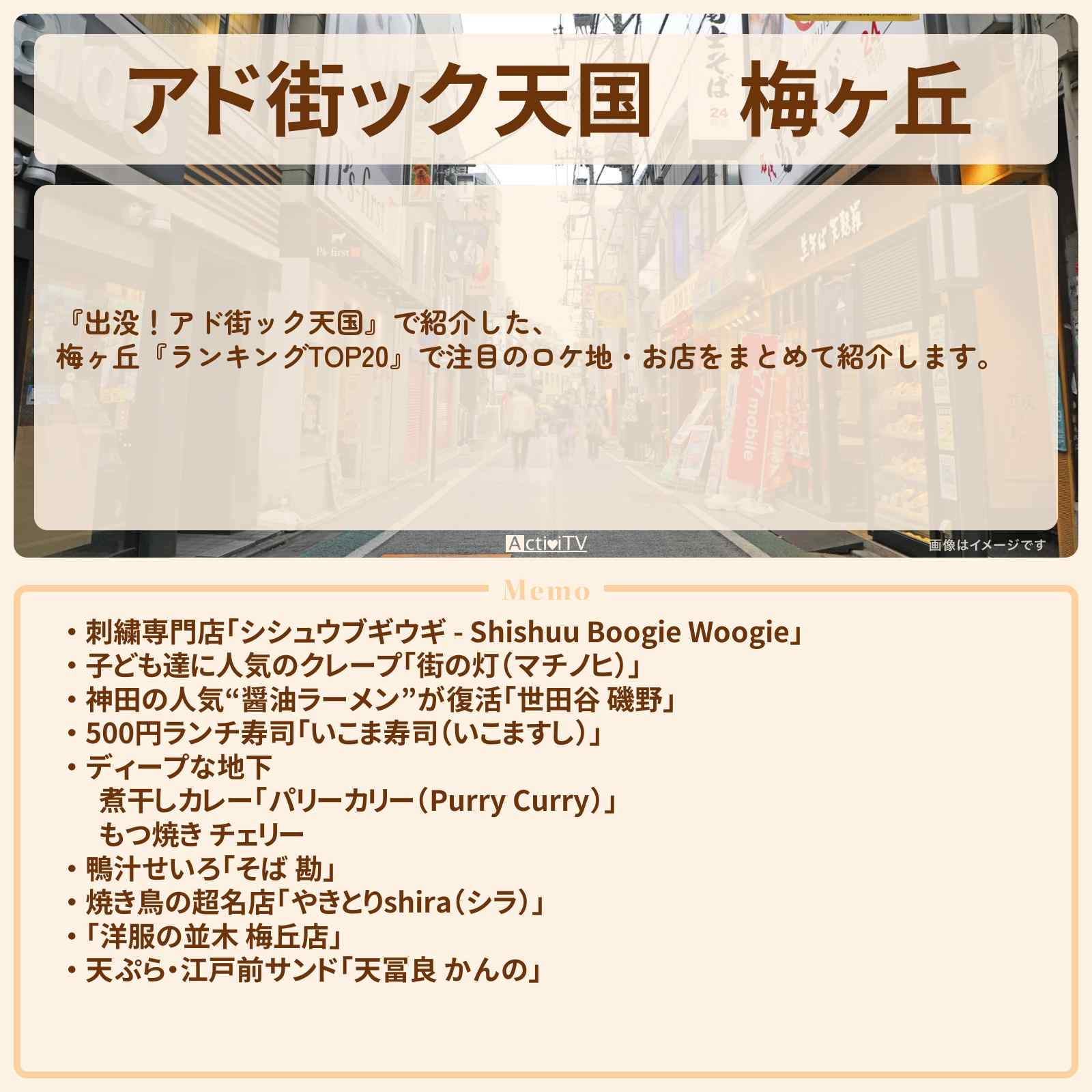 【アド街ック天国】梅ヶ丘『ランキングTOP20』で注目のお店まとめ