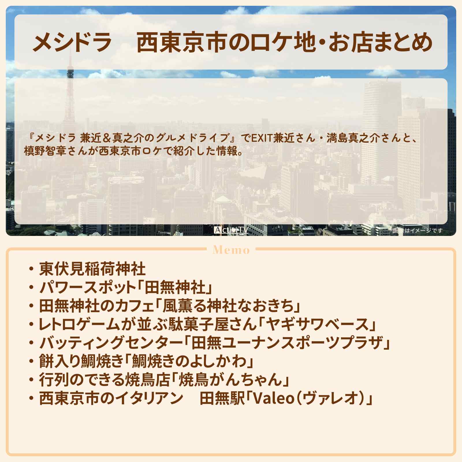 【メシドラ】西東京市のロケ地・お店まとめ〔EXIT兼近・満島真之介・槙野智章〕