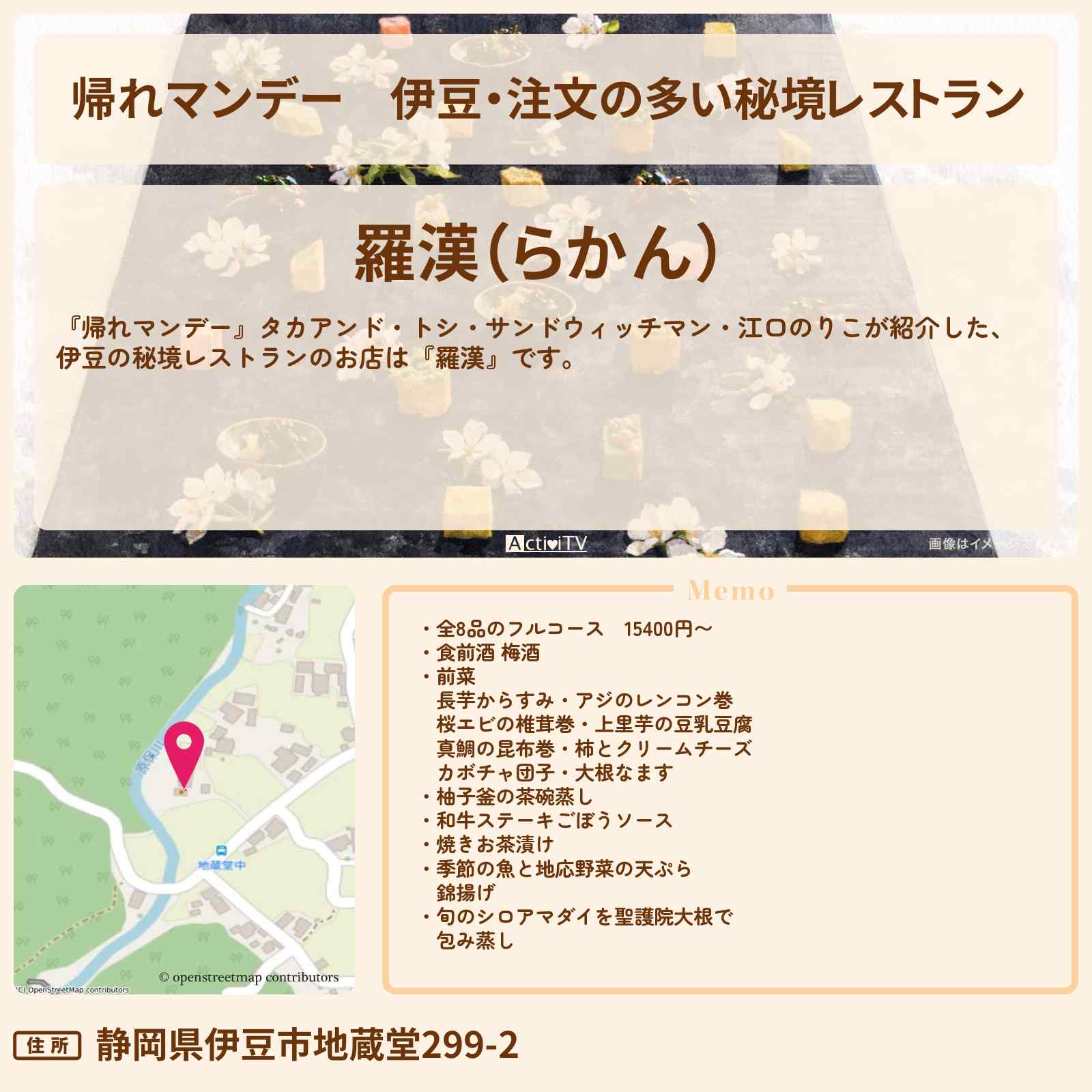 【帰れマンデー】伊豆・注文の多い秘境レストラン『羅漢』ゴールのお店の場所〔江口のりこ〕