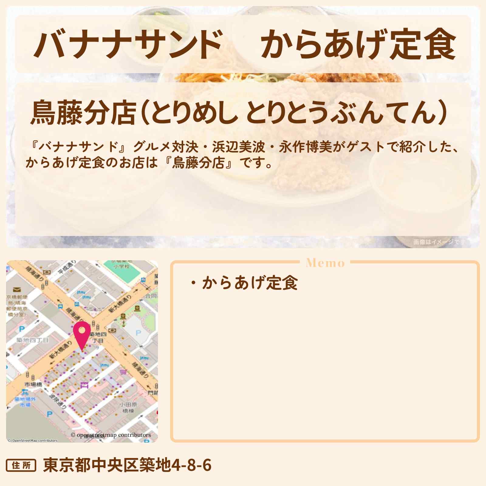 【バナナサンド】からあげ定食『鳥藤分店』お店の場所〔浜辺美波・永作博美〕