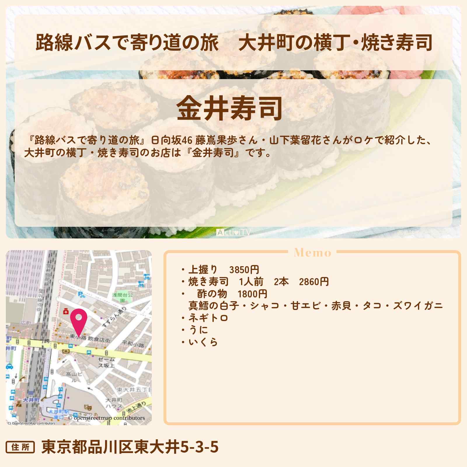 【路線バスで寄り道の旅】大井町の横丁・焼き寿司『金井寿司』老舗お寿司屋のお店の場所〔日向坂46・藤嶌果歩・山下葉留花〕
