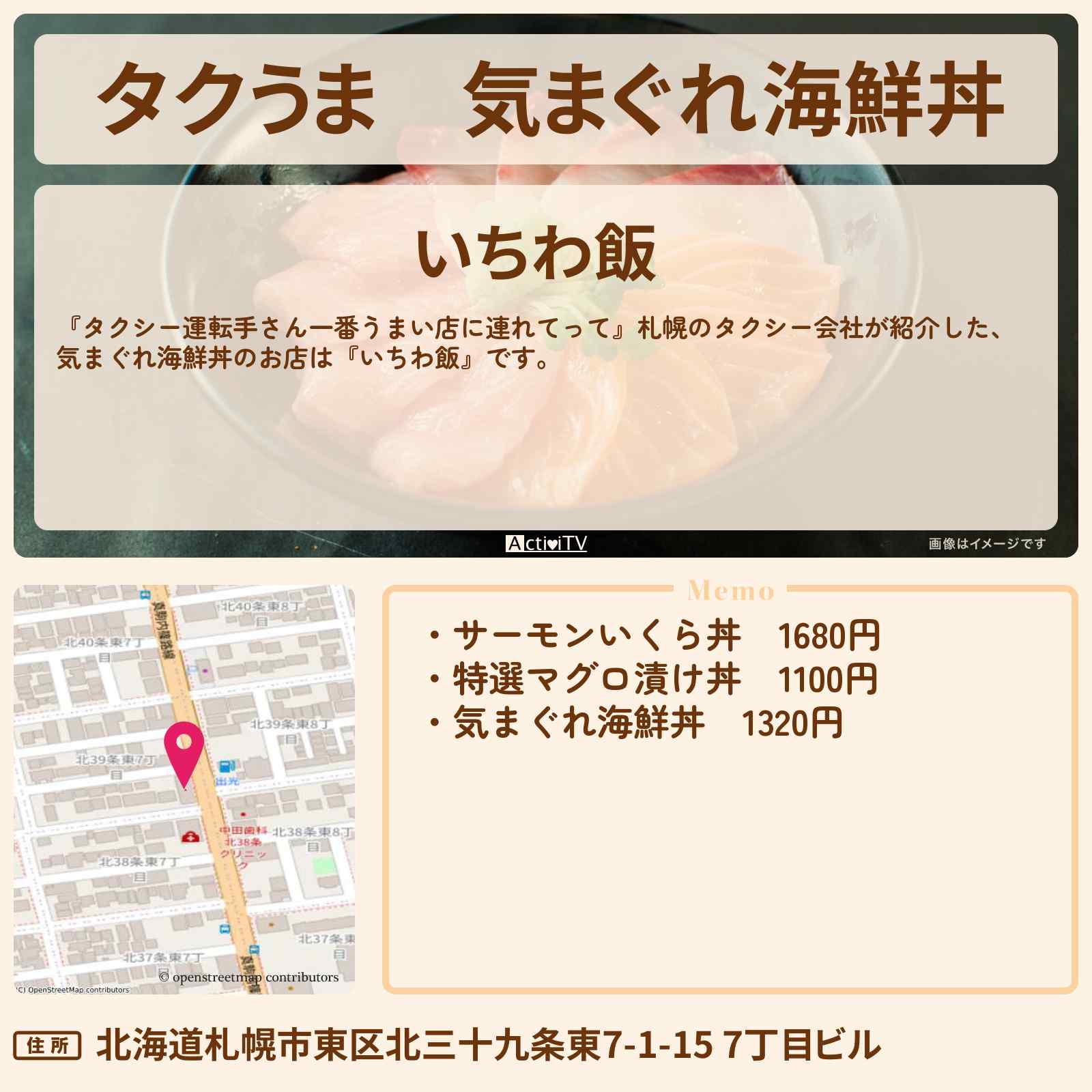 【タクうま】気まぐれ海鮮丼『いちわ飯』札幌のお店の場所〔タクシー運転手さん一番うまい店に連れてって〕