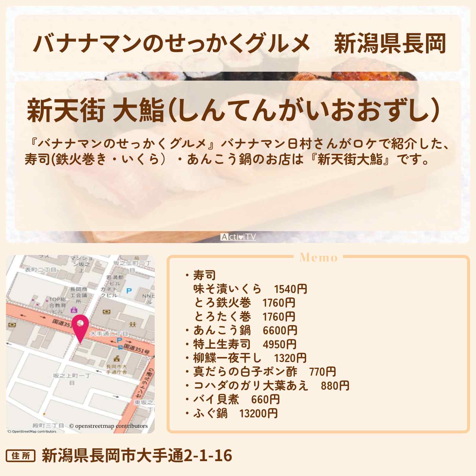 【バナナマンのせっかくグルメ】新潟県長岡『新天街 大鮨』寿司(鉄火巻き・いくら）・あんこう鍋のお店情報〔日村勇紀〕