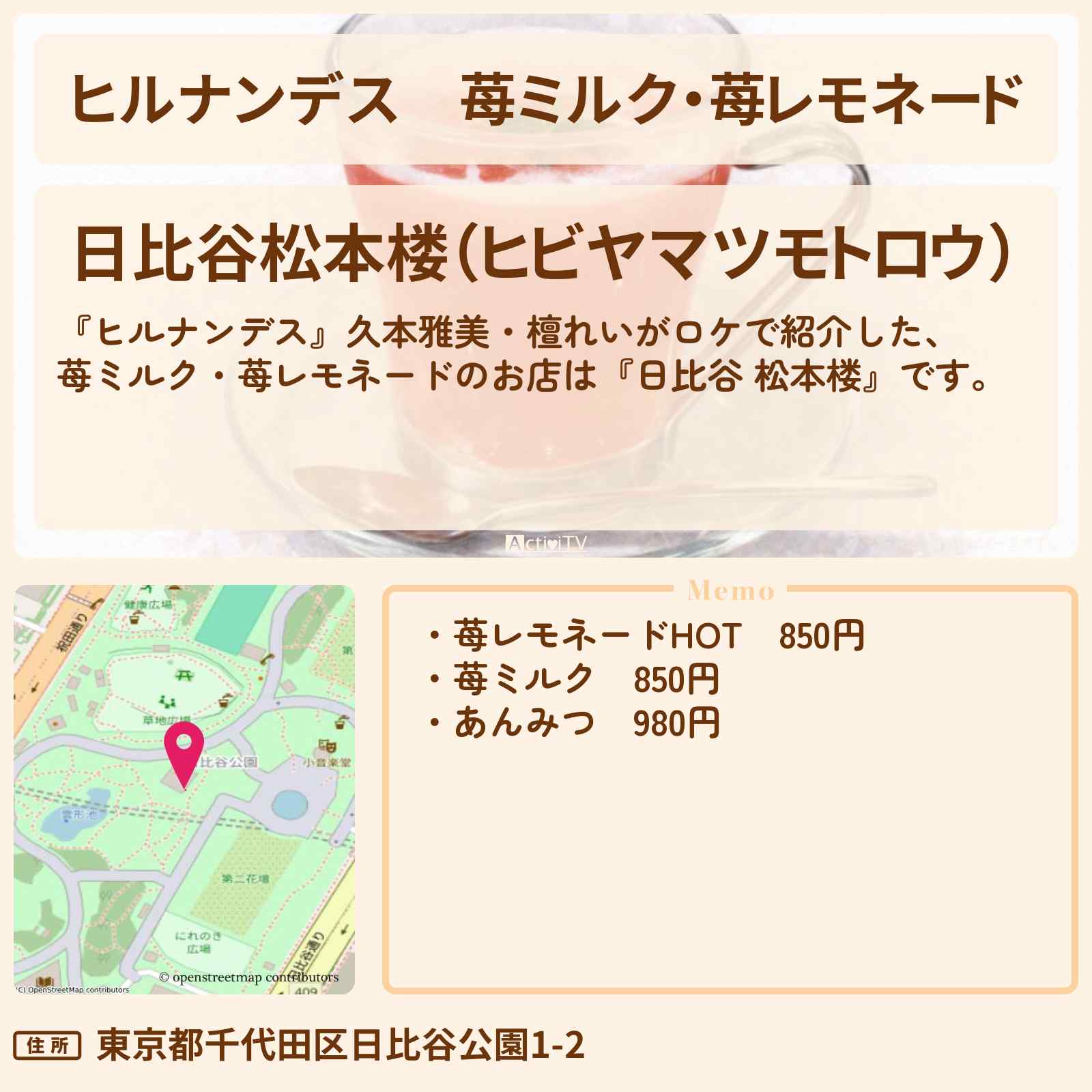 【ヒルナンデス】苺ミルク・苺レモネード『日比谷 松本楼』大人の午前中満喫旅のお店情報〔久本雅美・檀れい〕