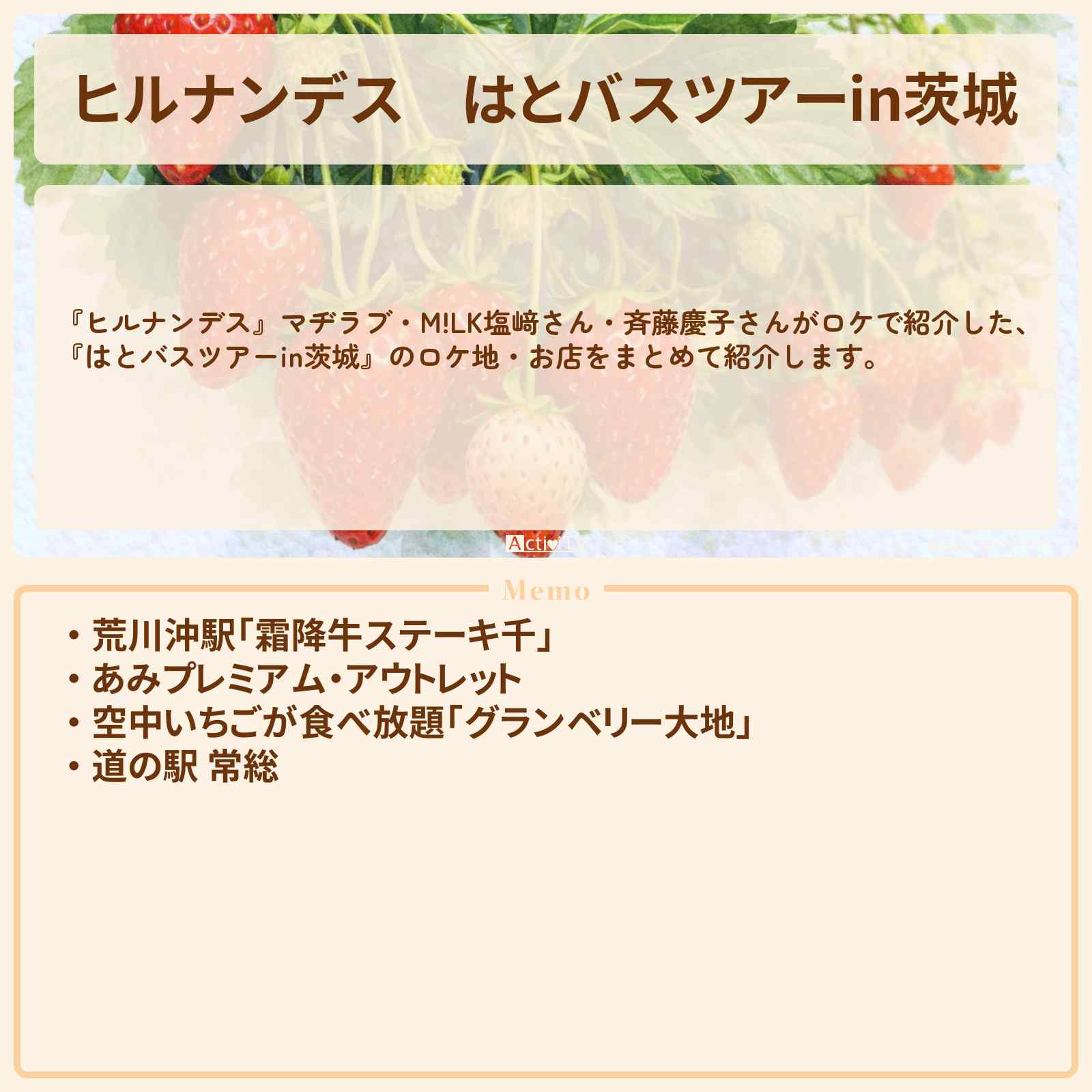 【ヒルナンデス】はとバスツアーin茨城『天空いちご狩り・牛ステーキ丼』のお店・ロケ地情報まとめ
