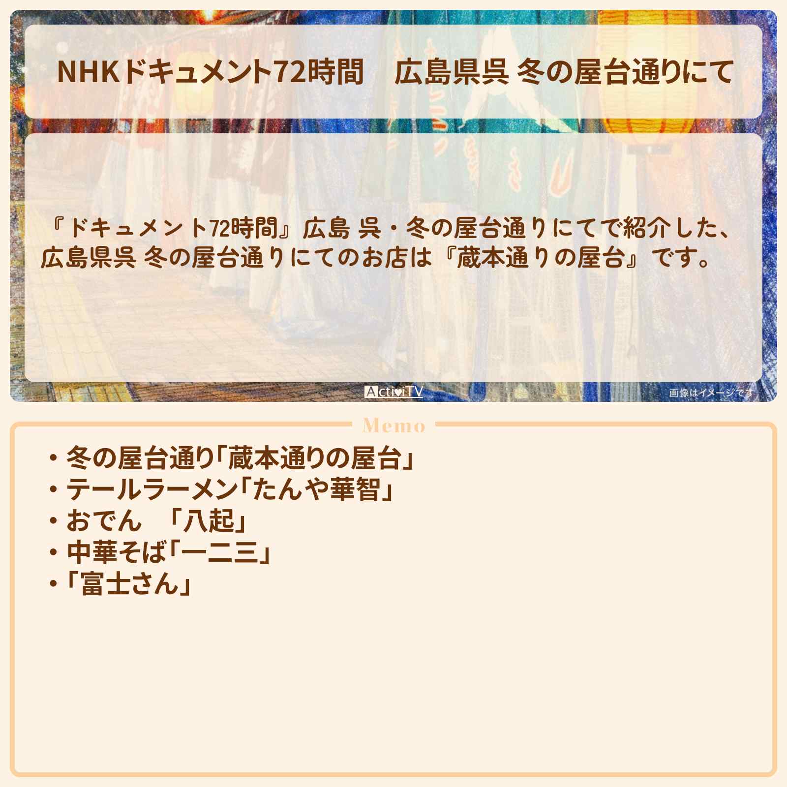 【NHK ドキュメント72時間】広島県呉 冬の屋台通りにて『蔵本通りの屋台』のお店・情報のまとめ