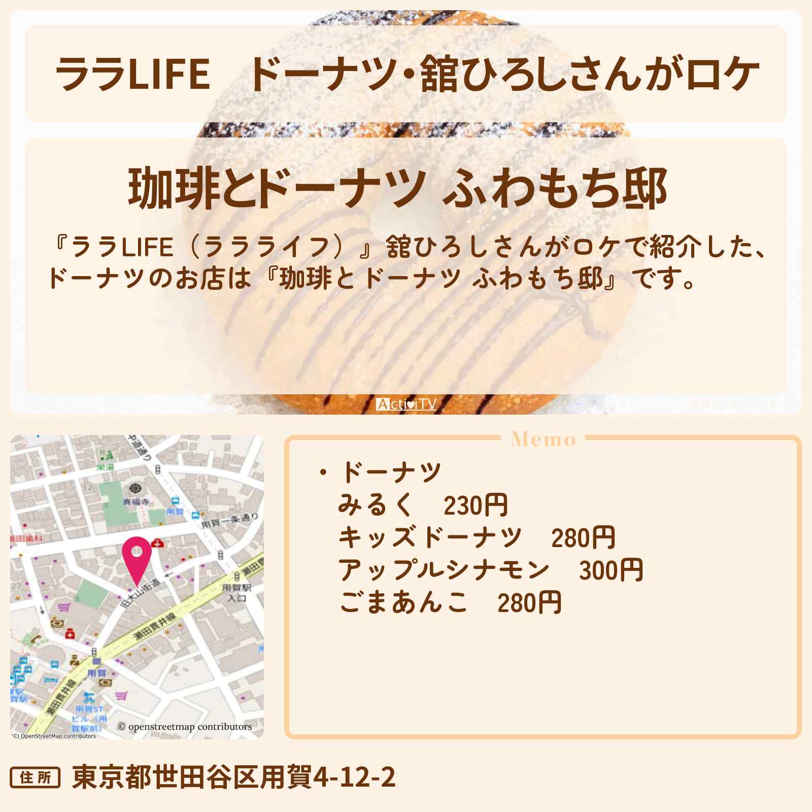 【ララLIFE】ドーナツ・舘ひろしさんがロケ『珈琲とドーナツ ふわもち邸』のお店の場所