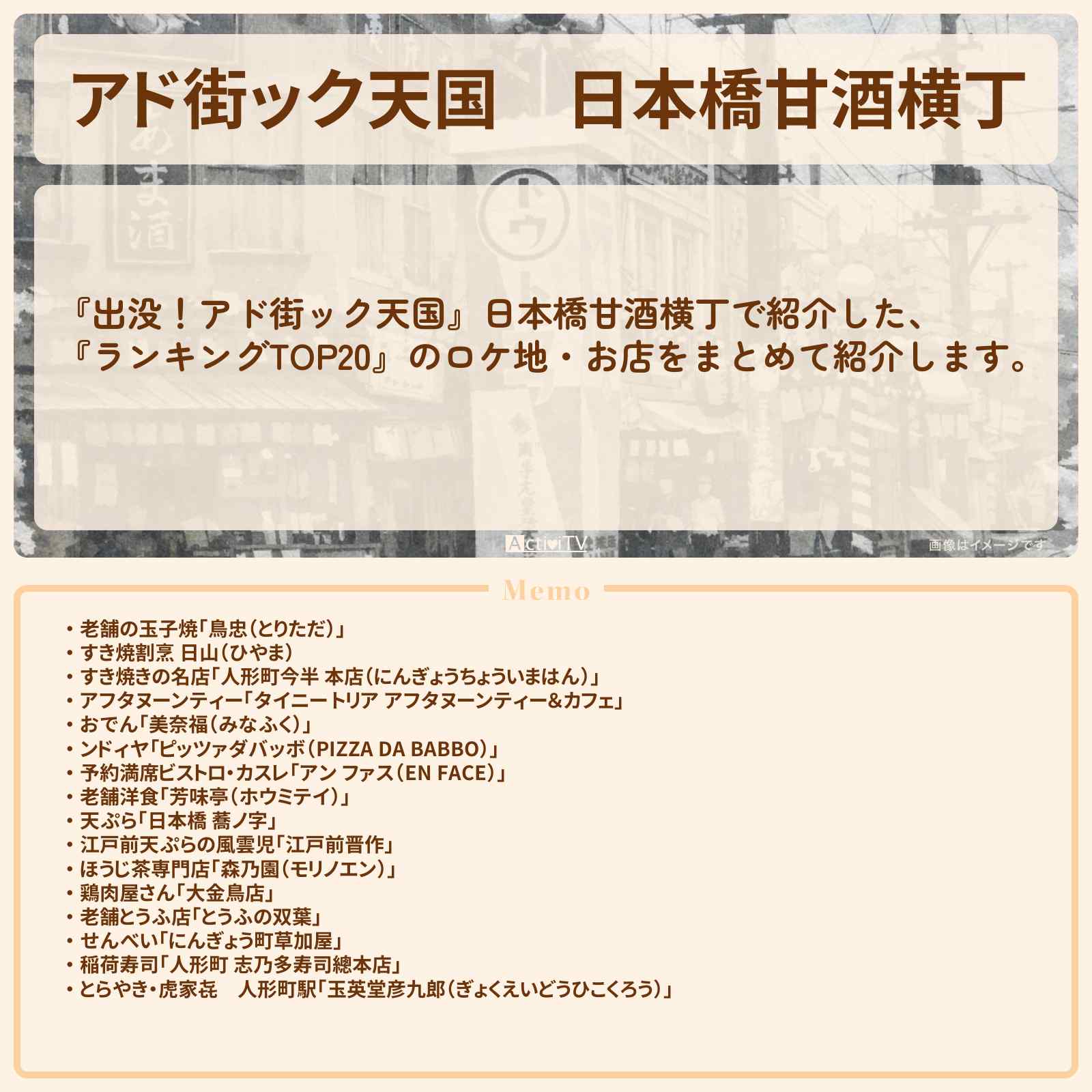 【アド街ック天国】日本橋甘酒横丁『ランキングTOP20』で注目のお店まとめ