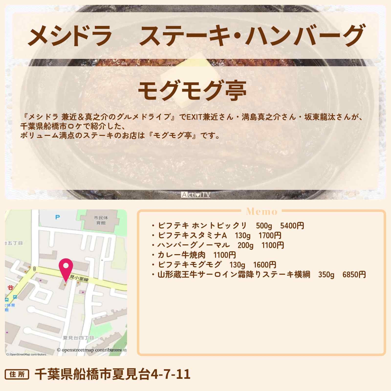 【メシドラ】ステーキ・ハンバーグ『モグモグ亭』千葉県船橋市のお店情報〔EXIT兼近・満島真之介・成田凌〕