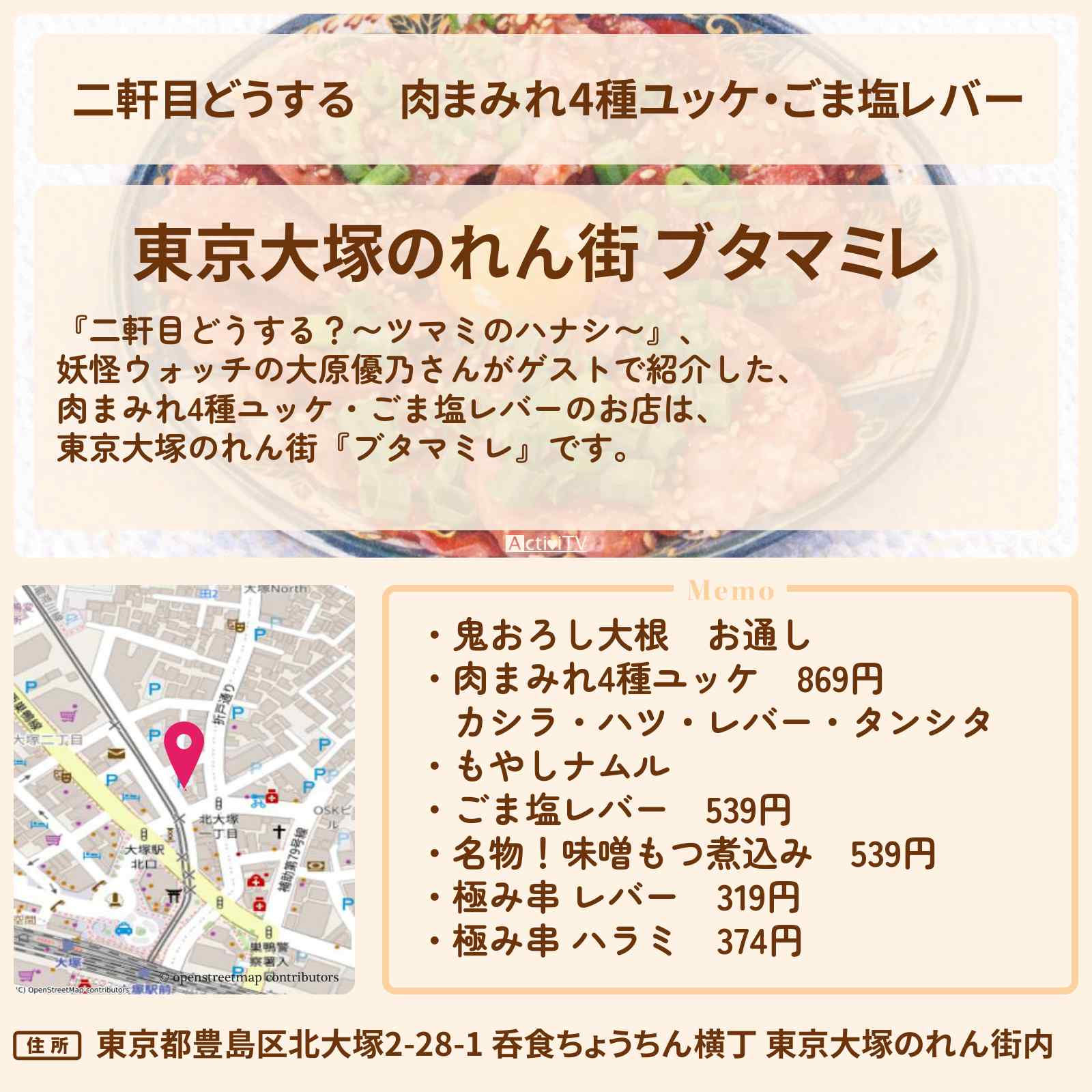 【二軒目どうする】肉まみれ4種ユッケ・ごま塩レバー『ブタマミレ』東京大塚のれん街のお店の場所〔大原優乃・ツマミのハナシ〕