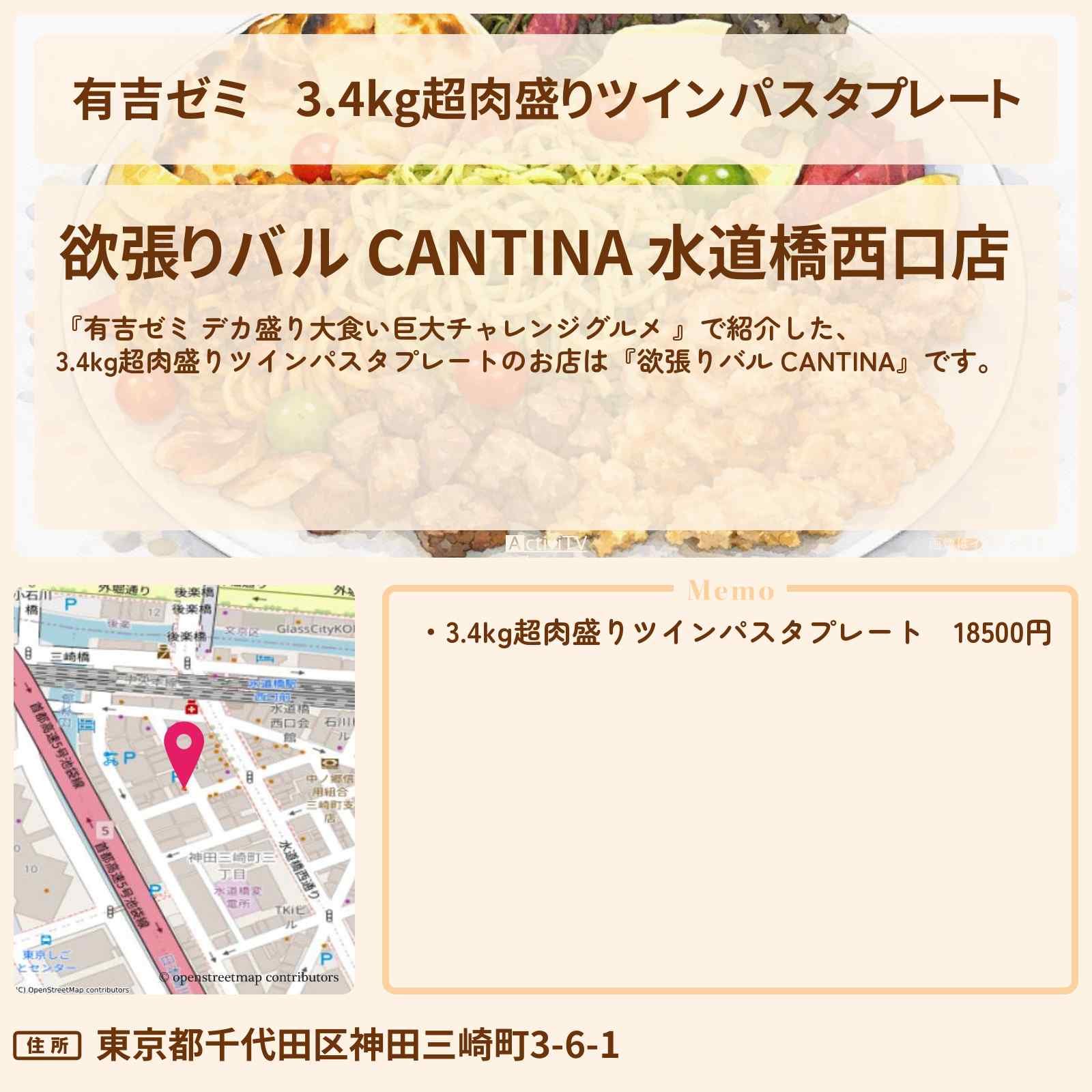 【有吉ゼミ】3.4kg超肉盛りツインパスタプレート『欲張りバル CANTINA』水道橋のお店の場所「ギャル曽根 vs チャレンジグルメ」2026/3/9放送