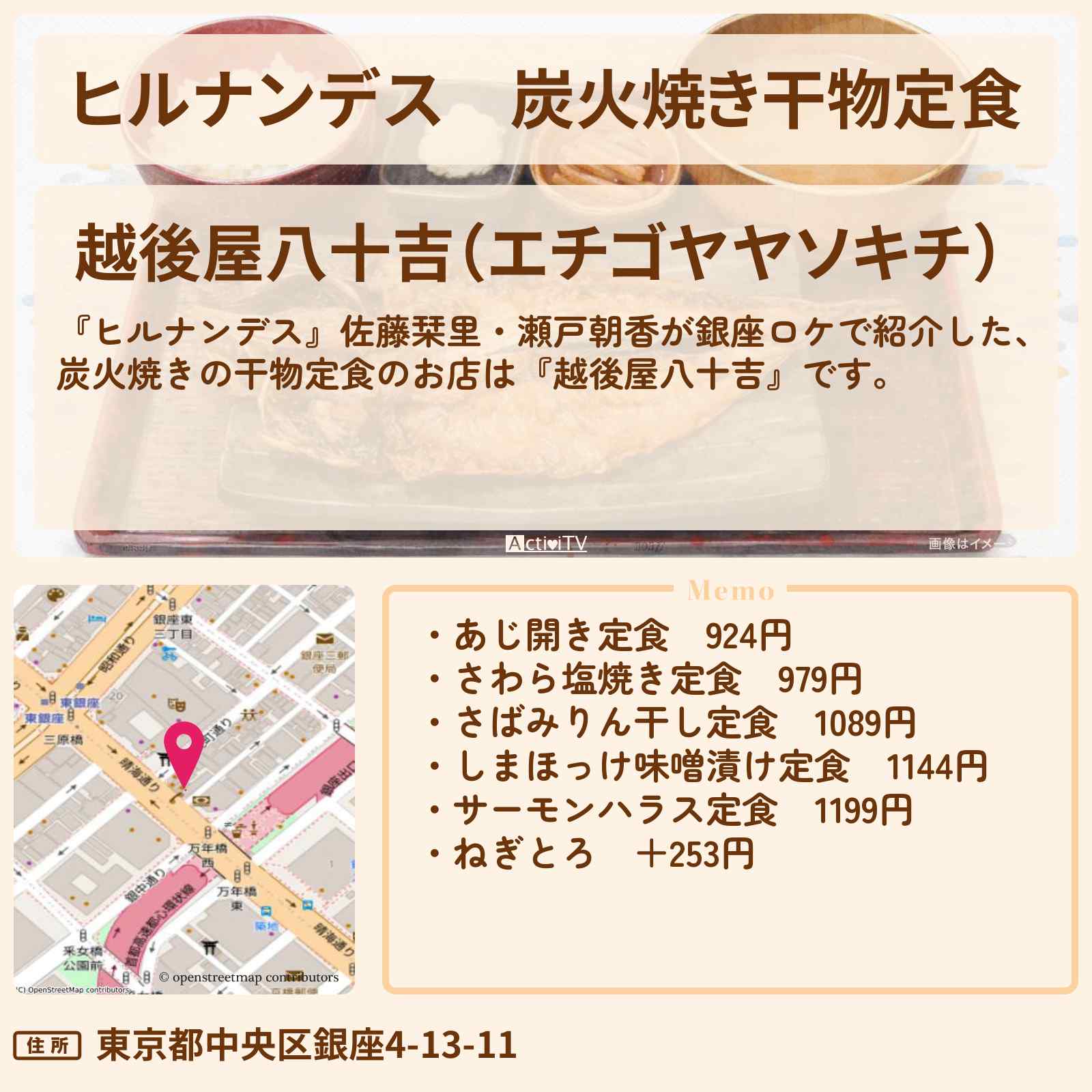 【ヒルナンデス】炭火焼き干物定食『越後屋八十吉』銀座の1000円以下のコスパ抜群お店情報〔佐藤栞里・瀬戸朝香〕