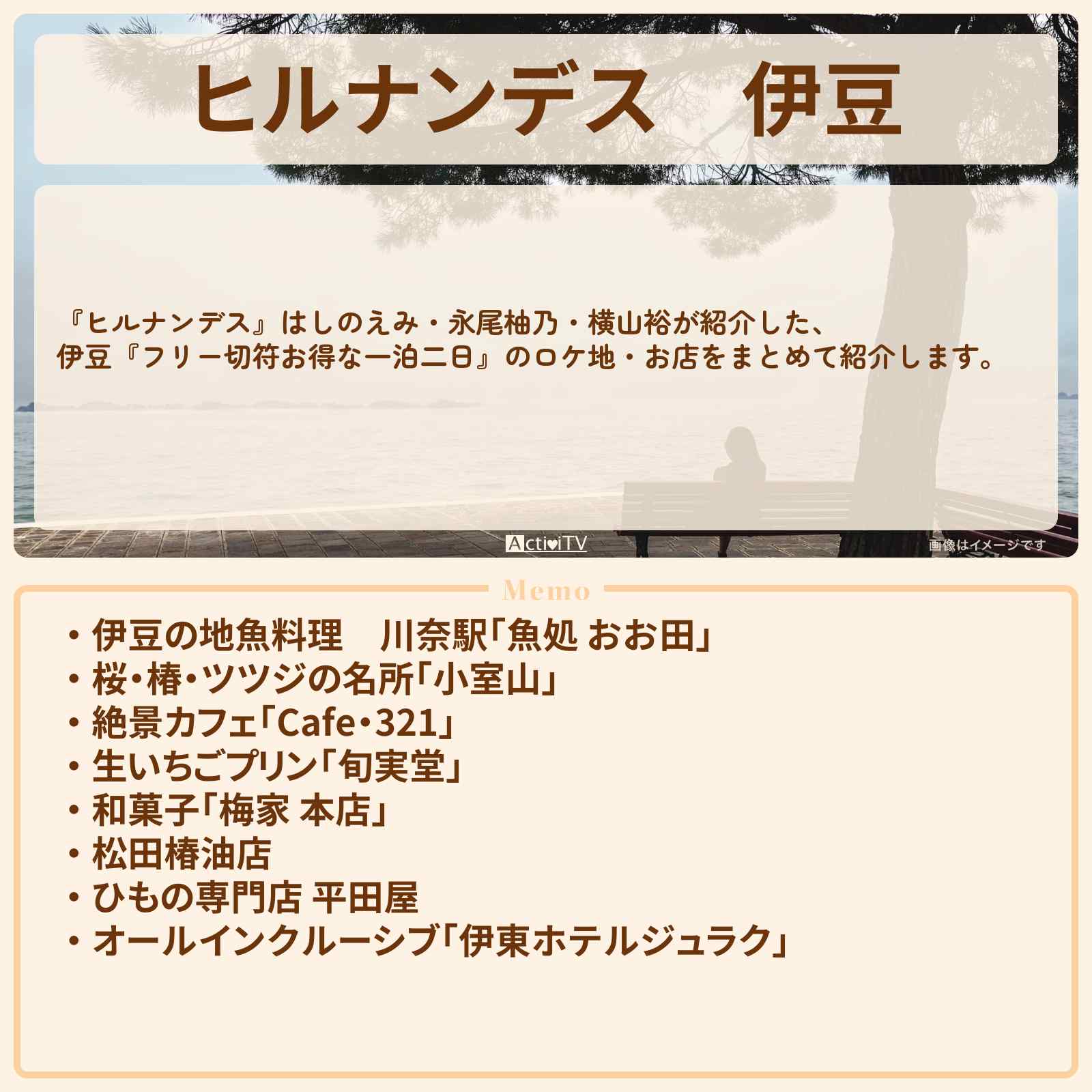 【ヒルナンデス】伊豆『フリー切符お得な一泊二日』のお店・ロケ地情報まとめ〔はしのえみ・永尾柚乃・横山裕〕